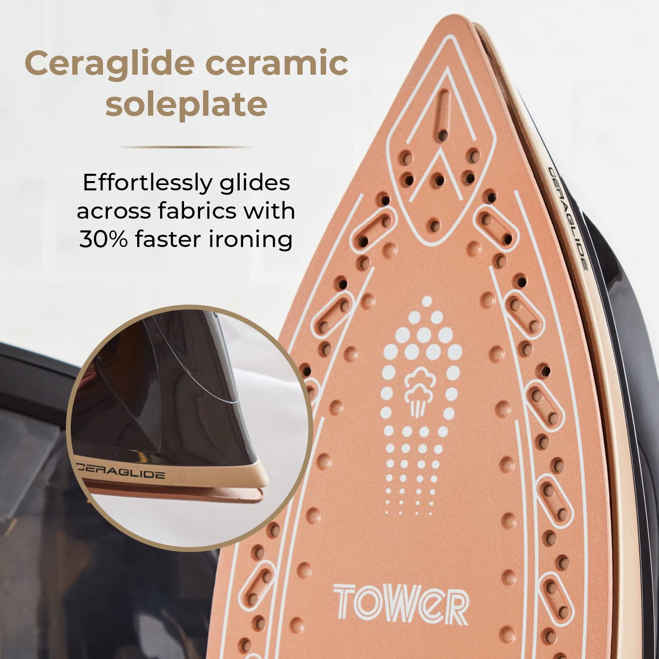 Tower T22023GLD Ceraglide Steam Generator with Steam Shot Button, 3 Temperature Settings, 1.2L, 2700 W, Champagne Gold and Black