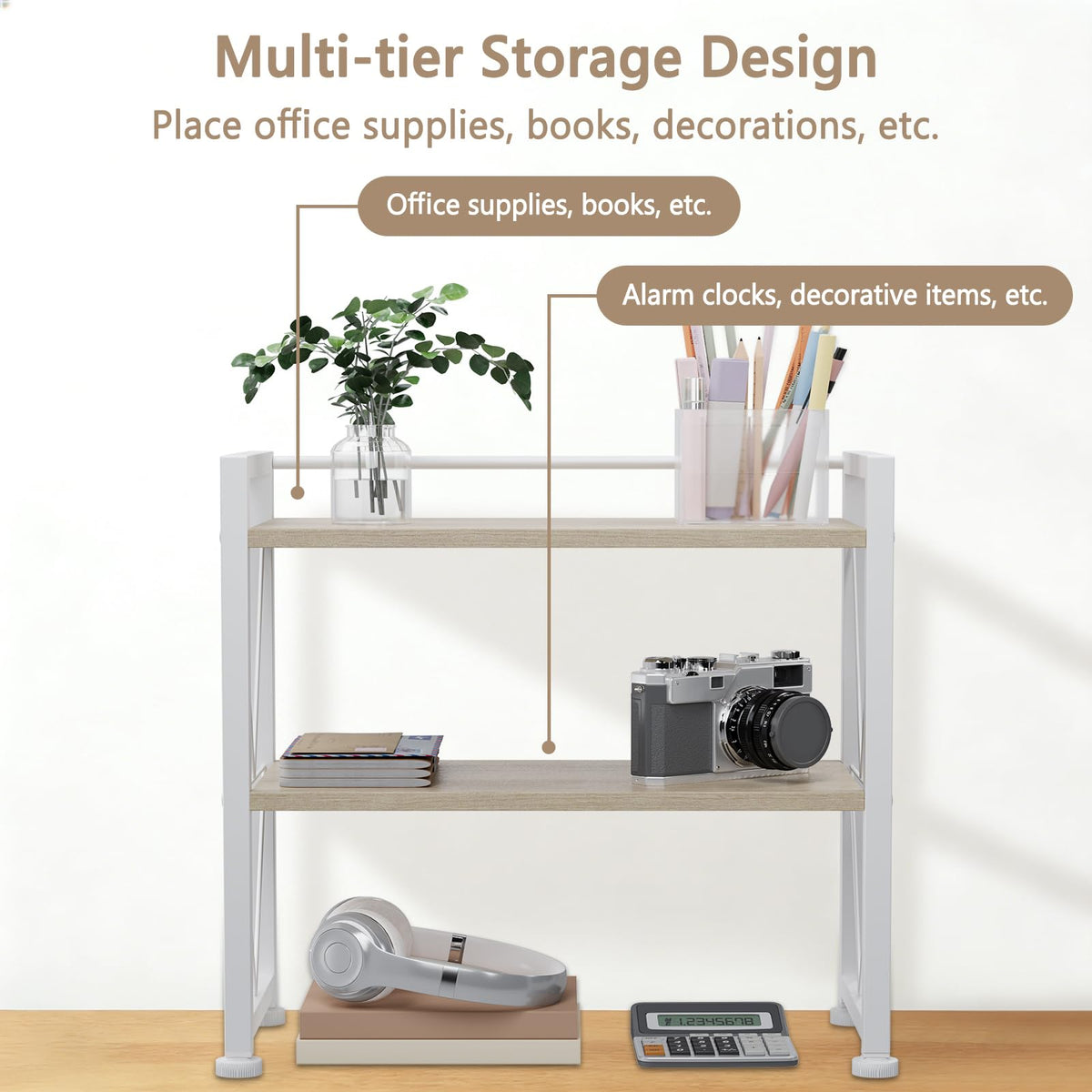 VSIWB Desk Shelf Organizer, 2 Tier Office Shelves, Wood Desk Storage Rack and Freestanding Display Shelf for Office, Dressing Table, Home 41x20x38cm