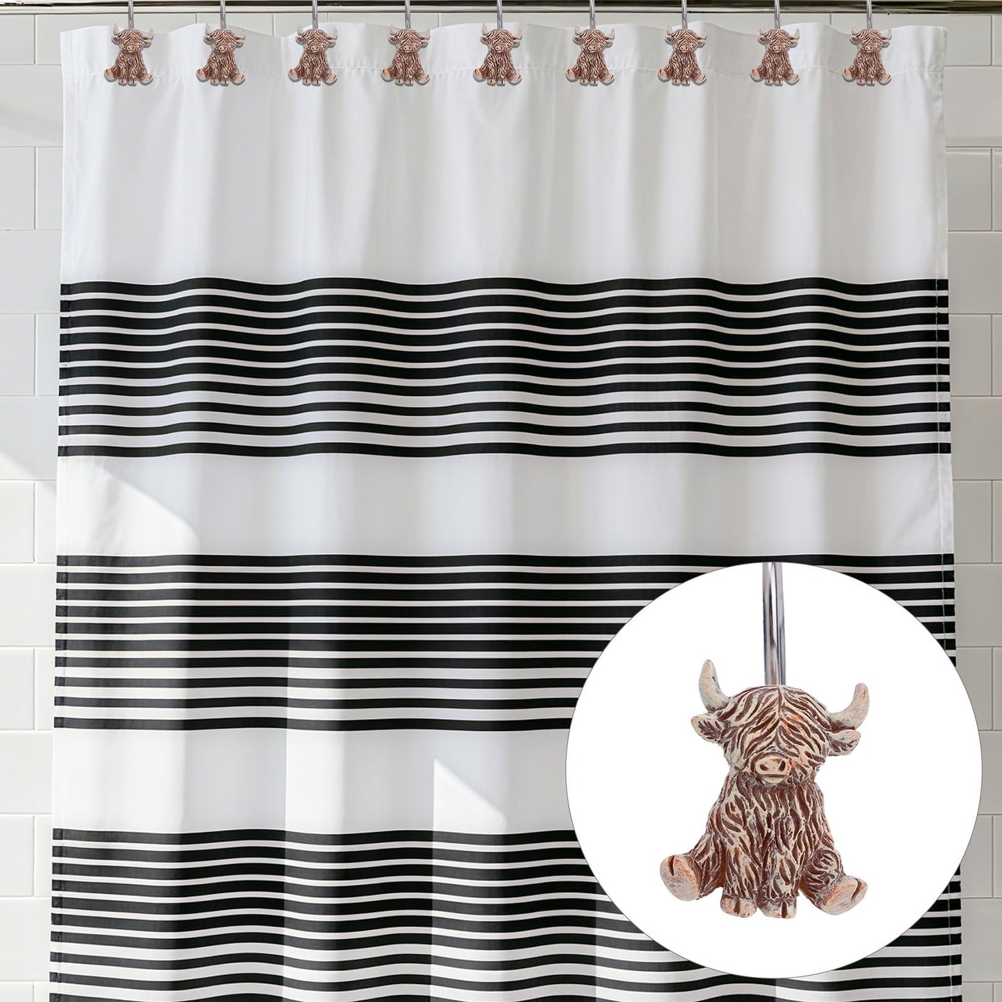 Fukaisu 12pcs Highland Cow Shower Curtain Hooks, Rustic Western Highland Cow Bathroom Shower Curtain Hooks Cute Resin Hangers Suitable for Bathroom