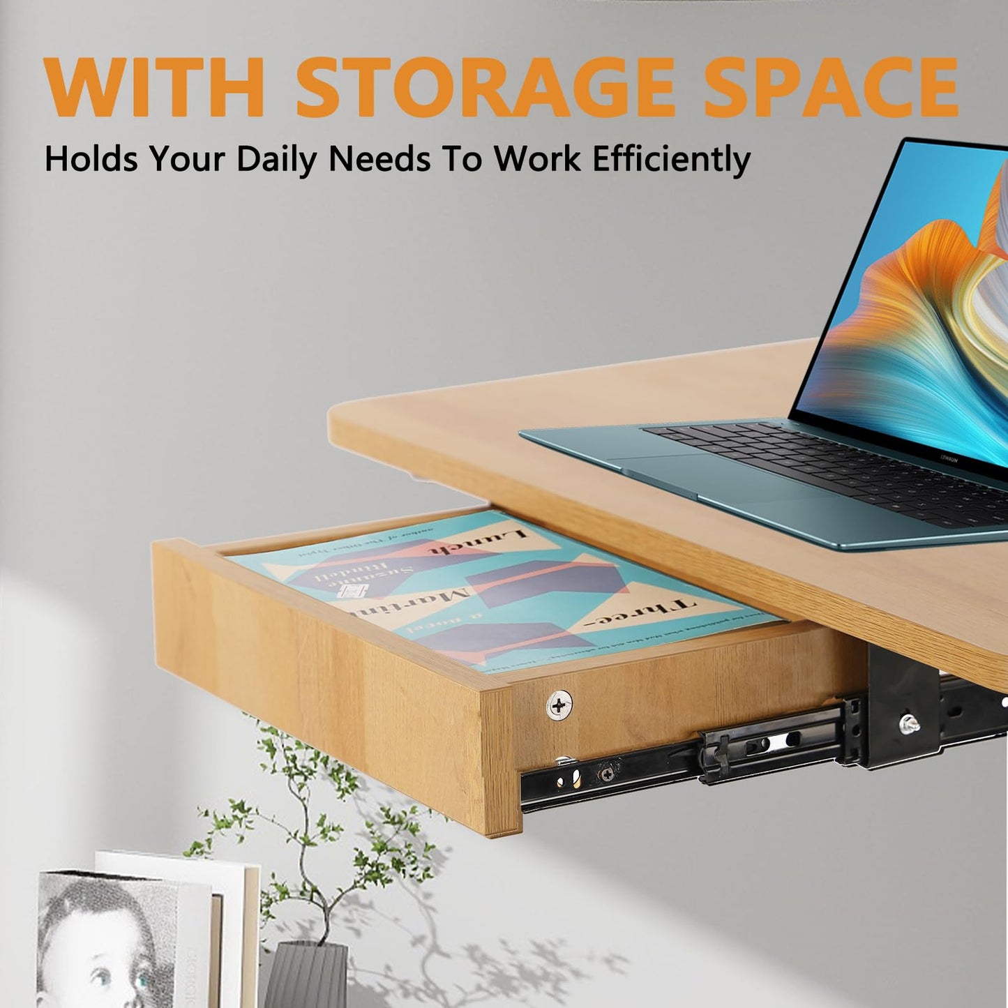 CLATINA Mobile Laptop Standing Desk, Height Adjustable Teacher Podium with Lockable Wheels, Adjustable Work Table with Drawer