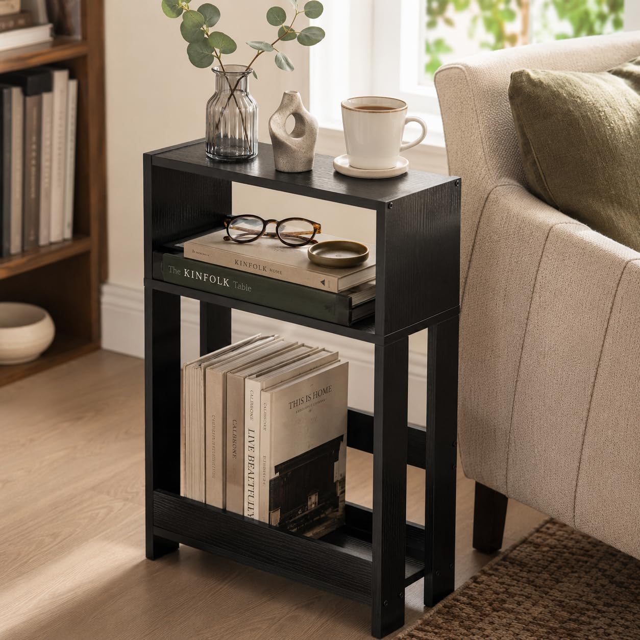 ZEXVIDA Narrow Side Table with Storage Shelf, 3-Tier Slim End Table & Nightstand for Bedroom, Living Room, Sofa Side Table for Small Spaces (Black)