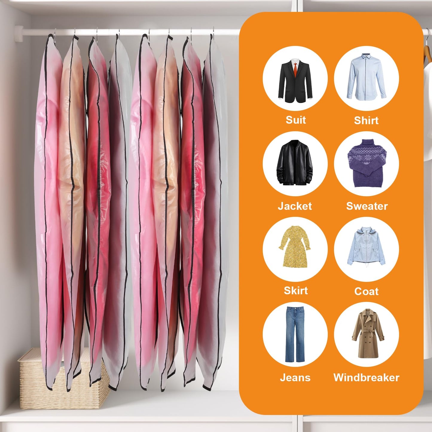 6 Pack Garment Bags, PEVA Translucent Clothes Covers, Suit Bag 47in