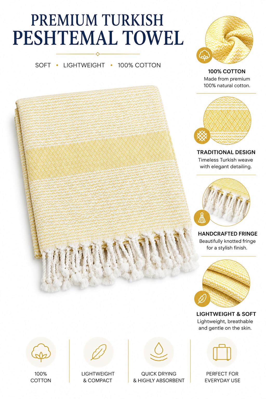 Babila Turkish Hammam Peshtemal Towel | Lightweight & Quick-Drying & Absorbent | Turkish Travel, Spa & Beach Towel | Soft, Compact & Versatile