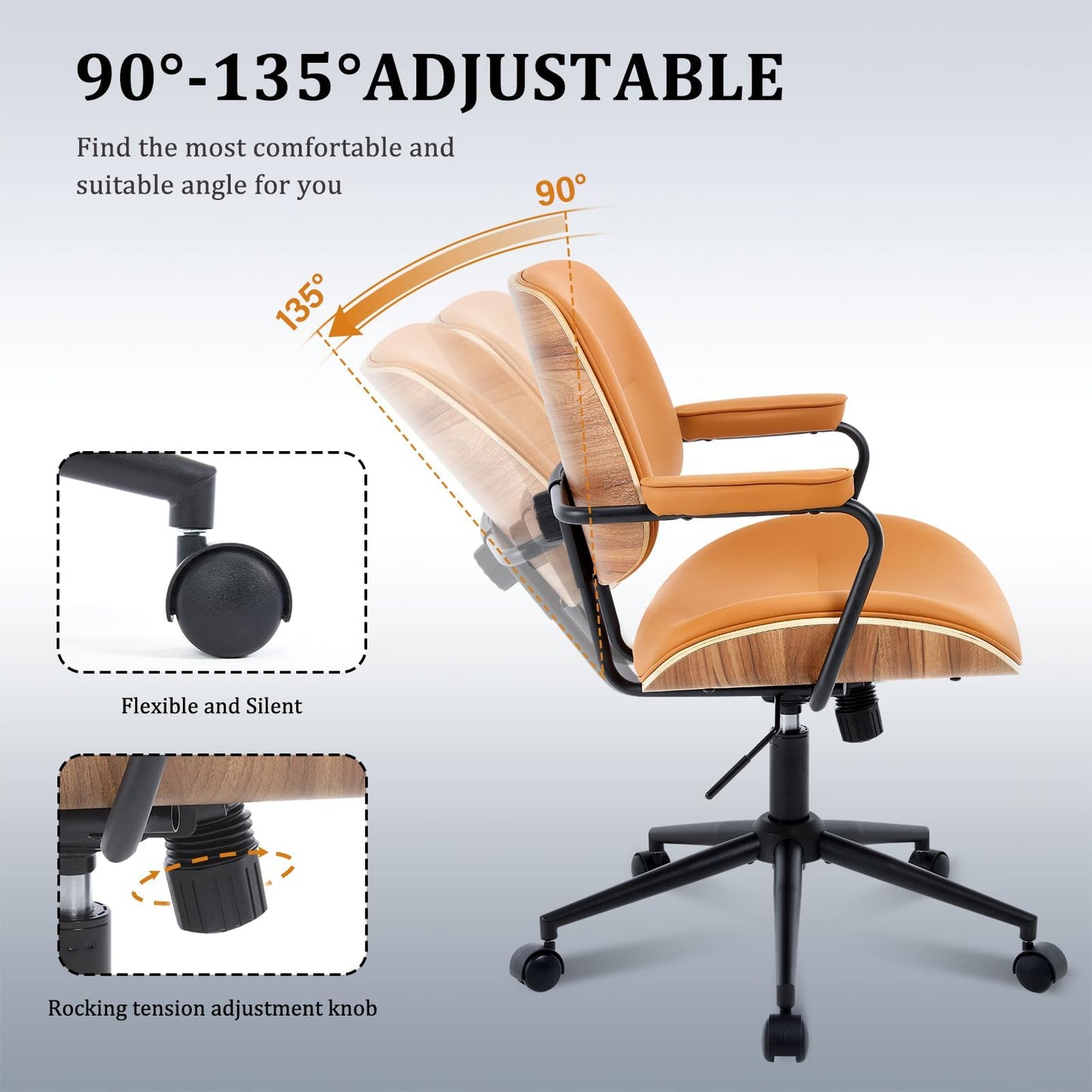 BERYTH Office Computer Desk Chair Mid Century Modern Office Chair Swivel Rolling Task Chair with Armrests and Walnut Back, Adjustable