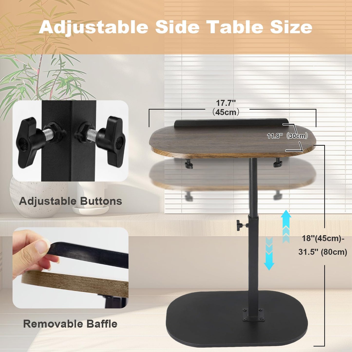 YYW Side Table TV Tray for Couch, Height Adjustable 360° Swivel Walnut