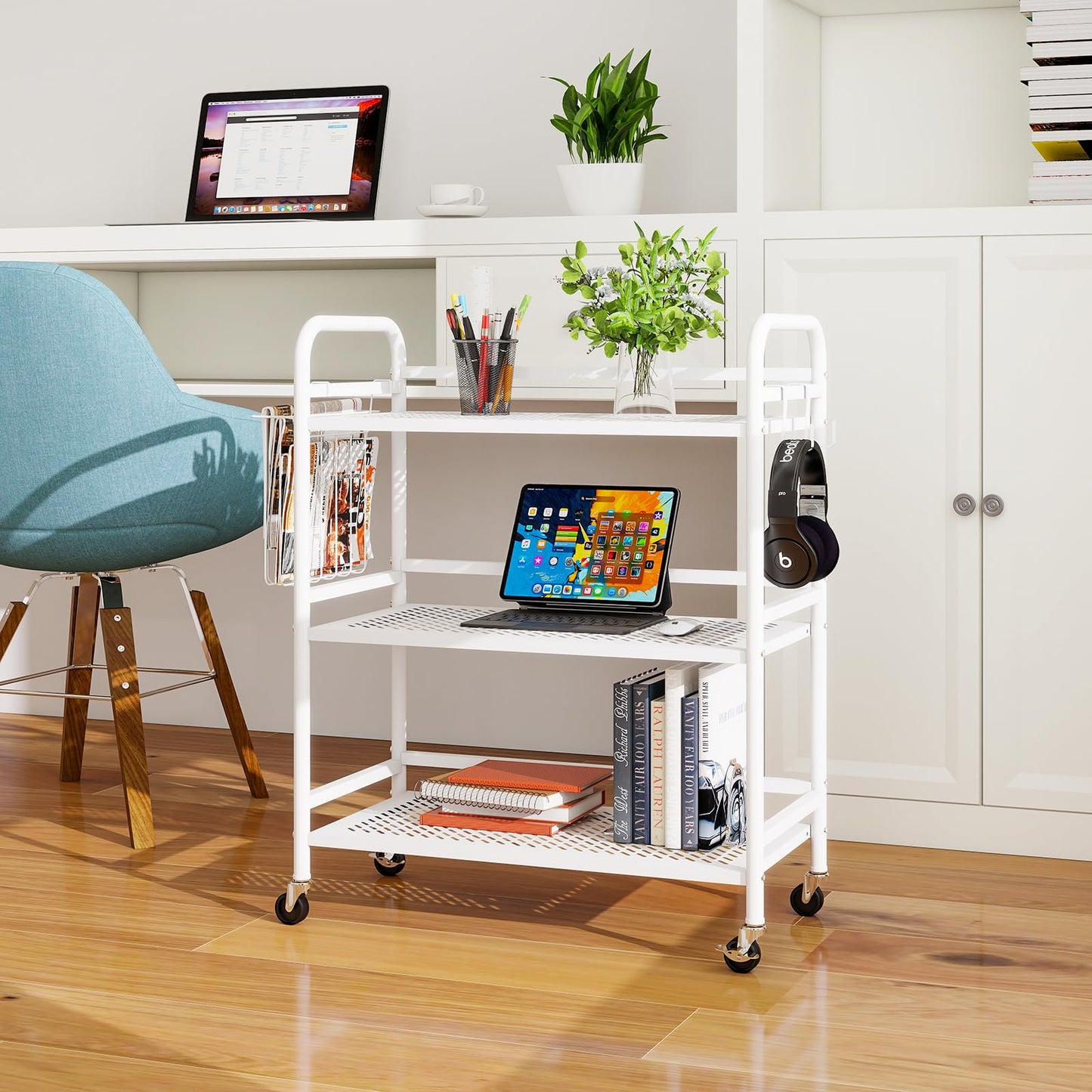 HDANI Serving Trolley,3-Tier Metal Trolley,White,Mesh with Basket