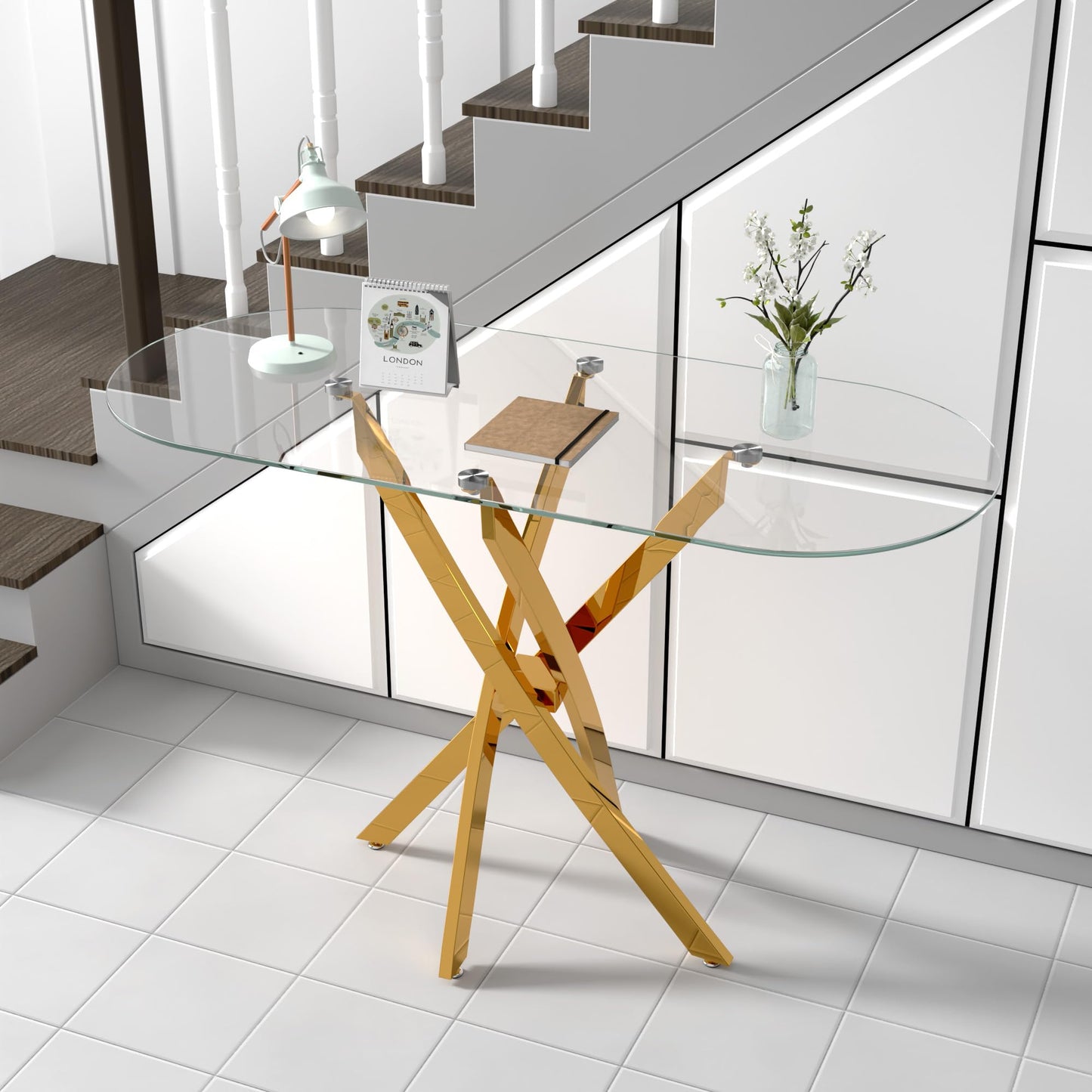 GOLDFAN Glass Console Table Modern Contemporary Style Hallway Table with Gold Tubular Legs Foyer Table for Entryway, Living Room, Office