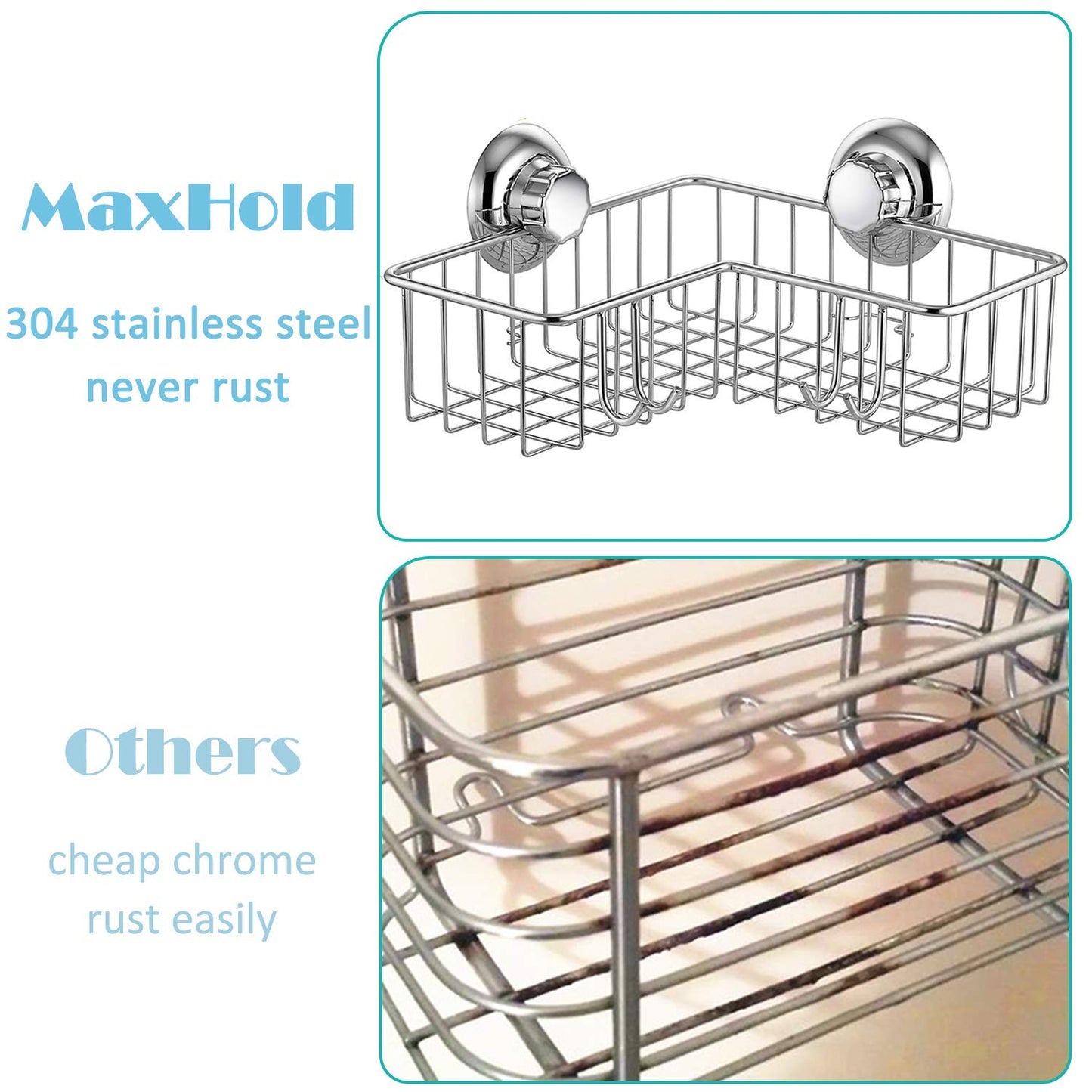 MaxHold No-Drilling/Suction Cup Deep Corner Storage Basket with 4 Hooks - Vaccum System - Stainless Steel Never Rust - for Bathroom & Kitchen