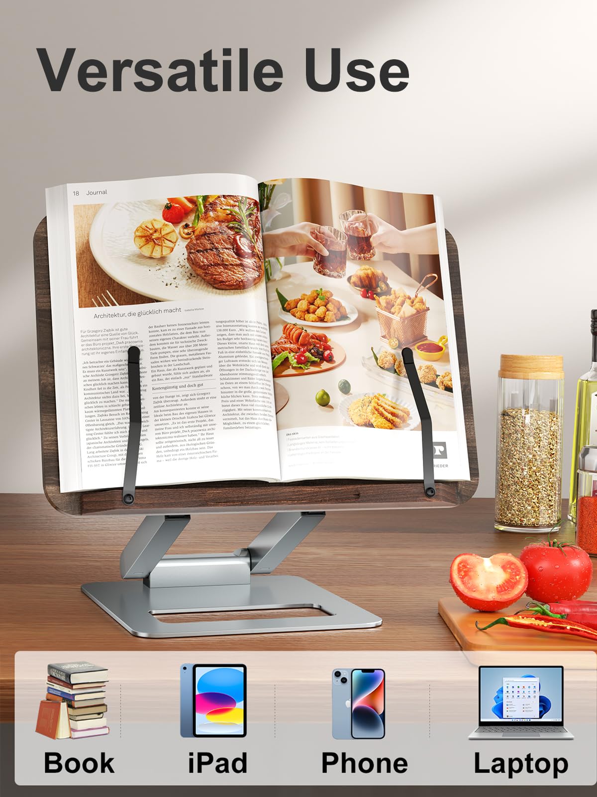 tounee Book Stand, Adjustable Metal Wood, Silver for Recipe, Music Scores, Tablet, Laptop