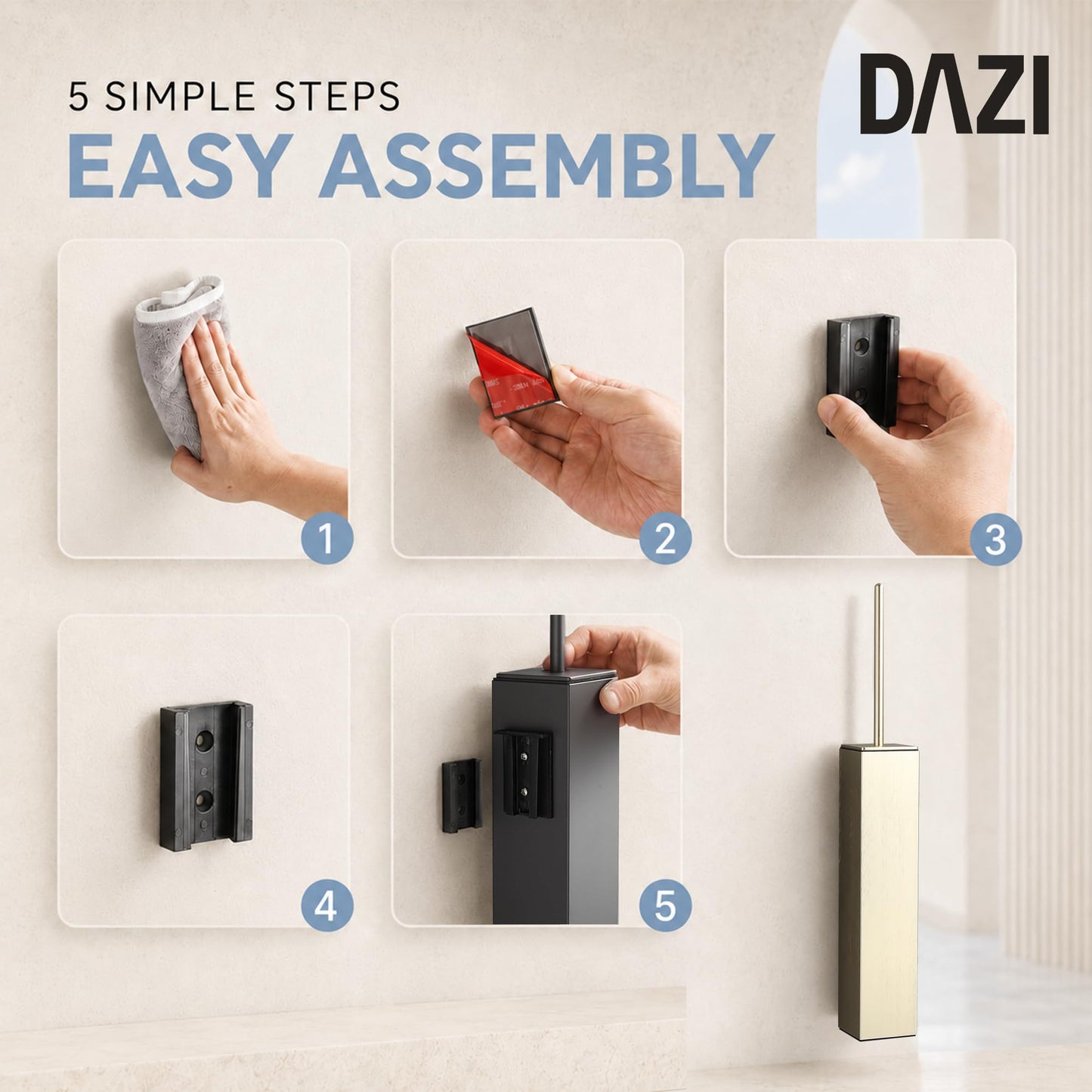DAZI Toilet Brush WC Wall-Mounted, Toilet Brush Holder Stainless Steel Brush Gold Finish without drilling