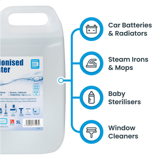 Qualkem Grade 3 Deionised Water 5L 4 Pack - Ironing Water for Steam Iron - Suitable for Steam Cleaners, Baby Sterilisers, Humidifiers, Car Batteries
