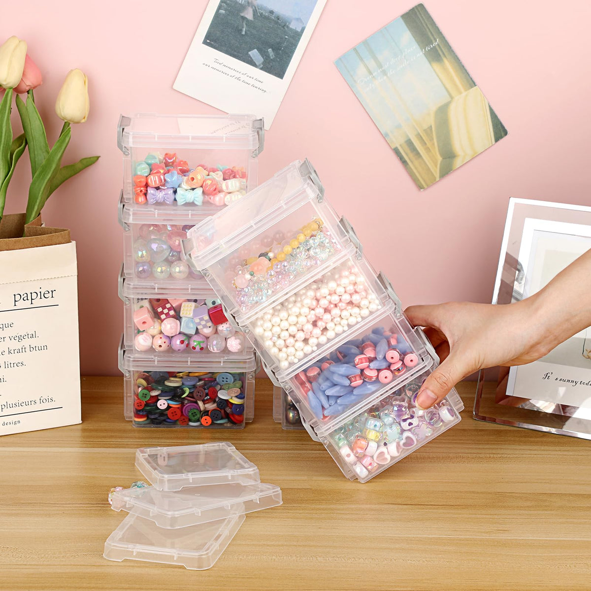 BSTKEY 10pcs Plastic Small Storage Containers with Lid, Clear 12*8*7cm