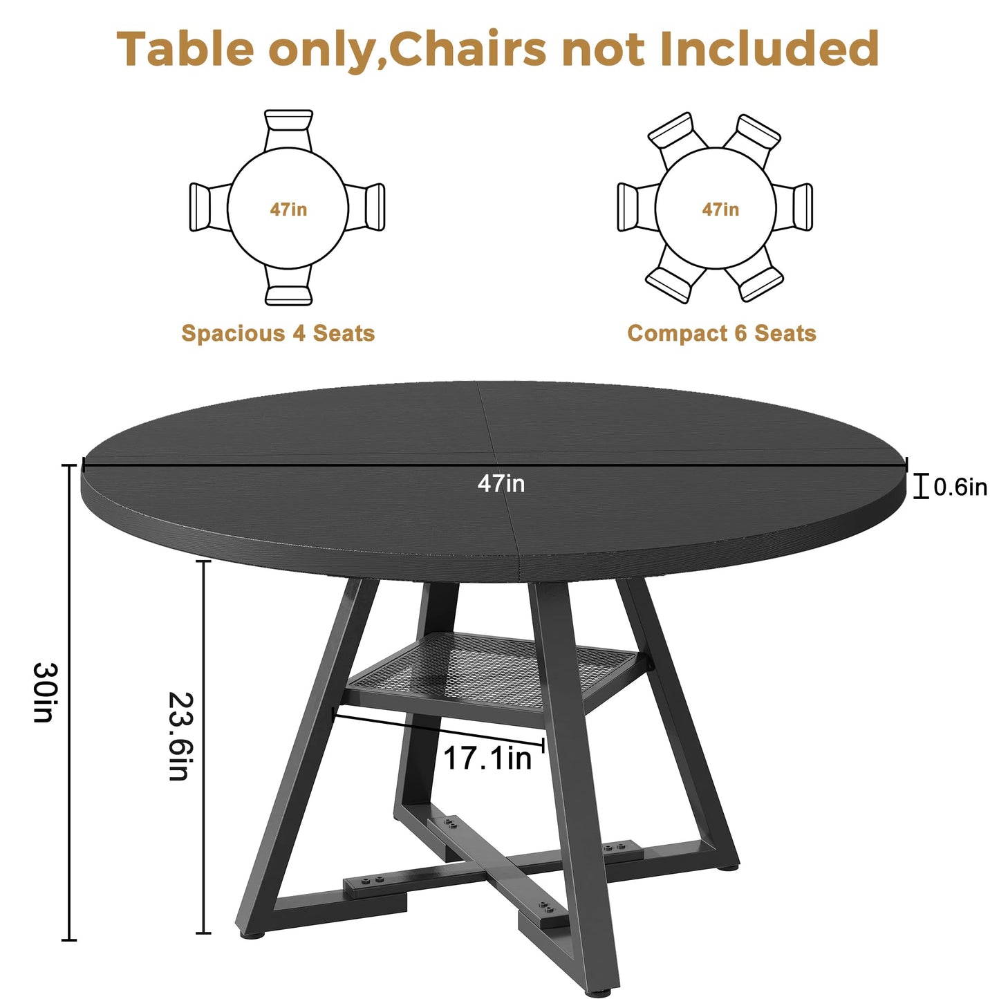 Jocoevol Round Dining Table for 4 People, Circle Dinner Table with Shelves, Space Saving Wood Kitchen & Dining Room Furniture (Black, 47 inch