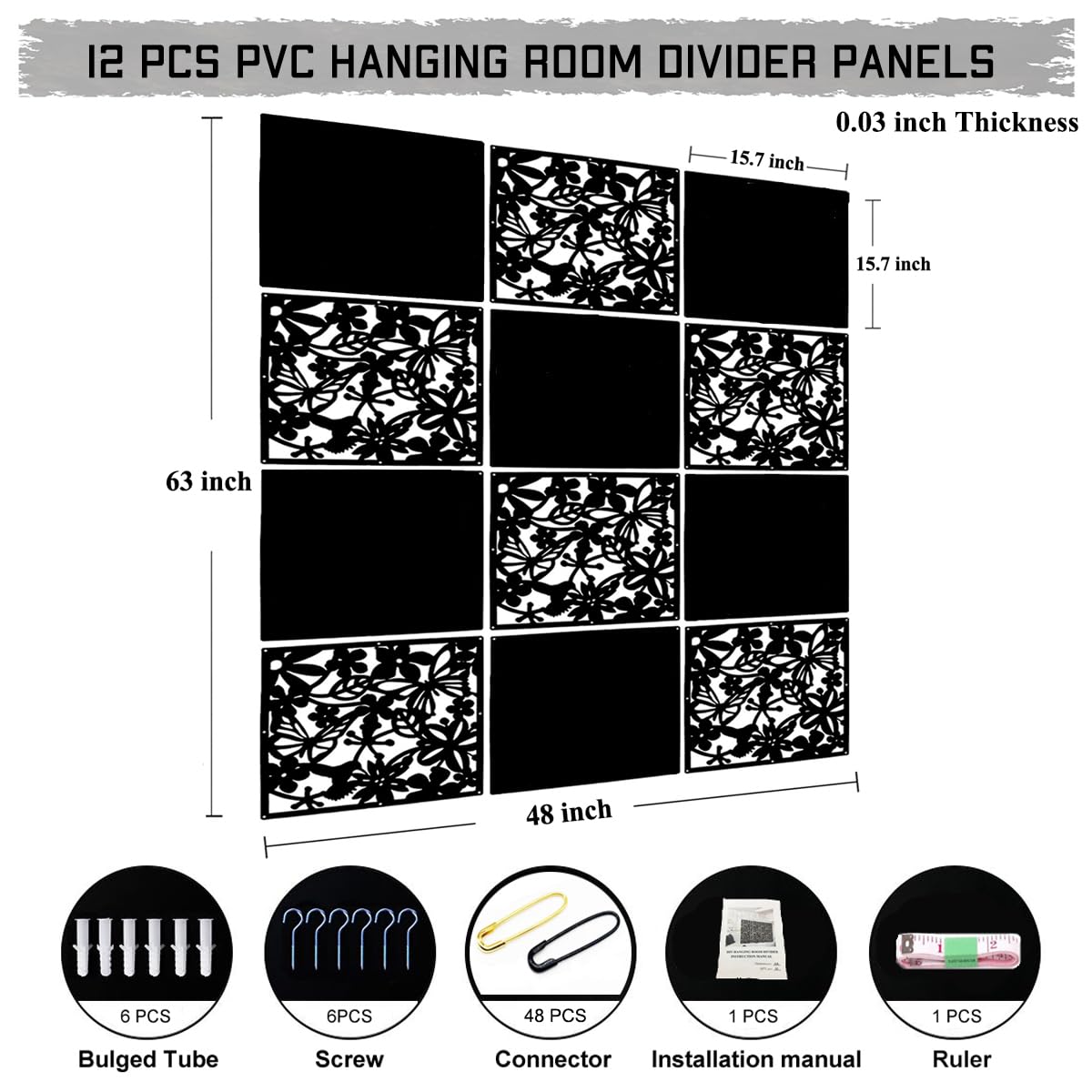 LRZCGB Hanging Room Divider,12pcs PVC Hanging Screen Panel for Decorating Living,Dining,Study and Sitting-room,Hotel and Bar(Black+Solid Board)