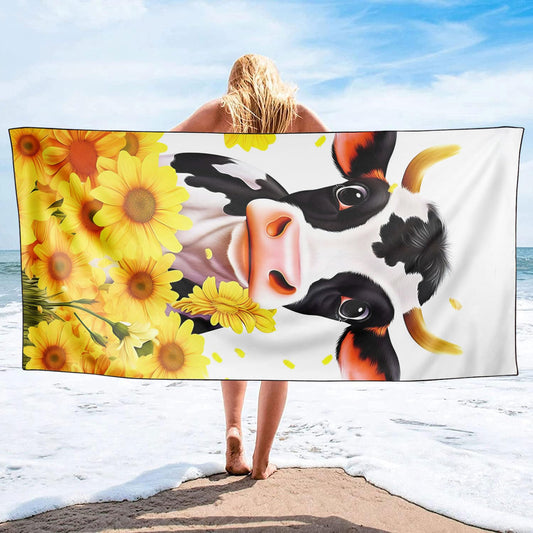 YISUMEI Cow & Sunflowers Beach Towels for Adults Extra Large 180 x 90 cm, Microfibre Quick Dry Towel for Travel Swimming Camping Sports