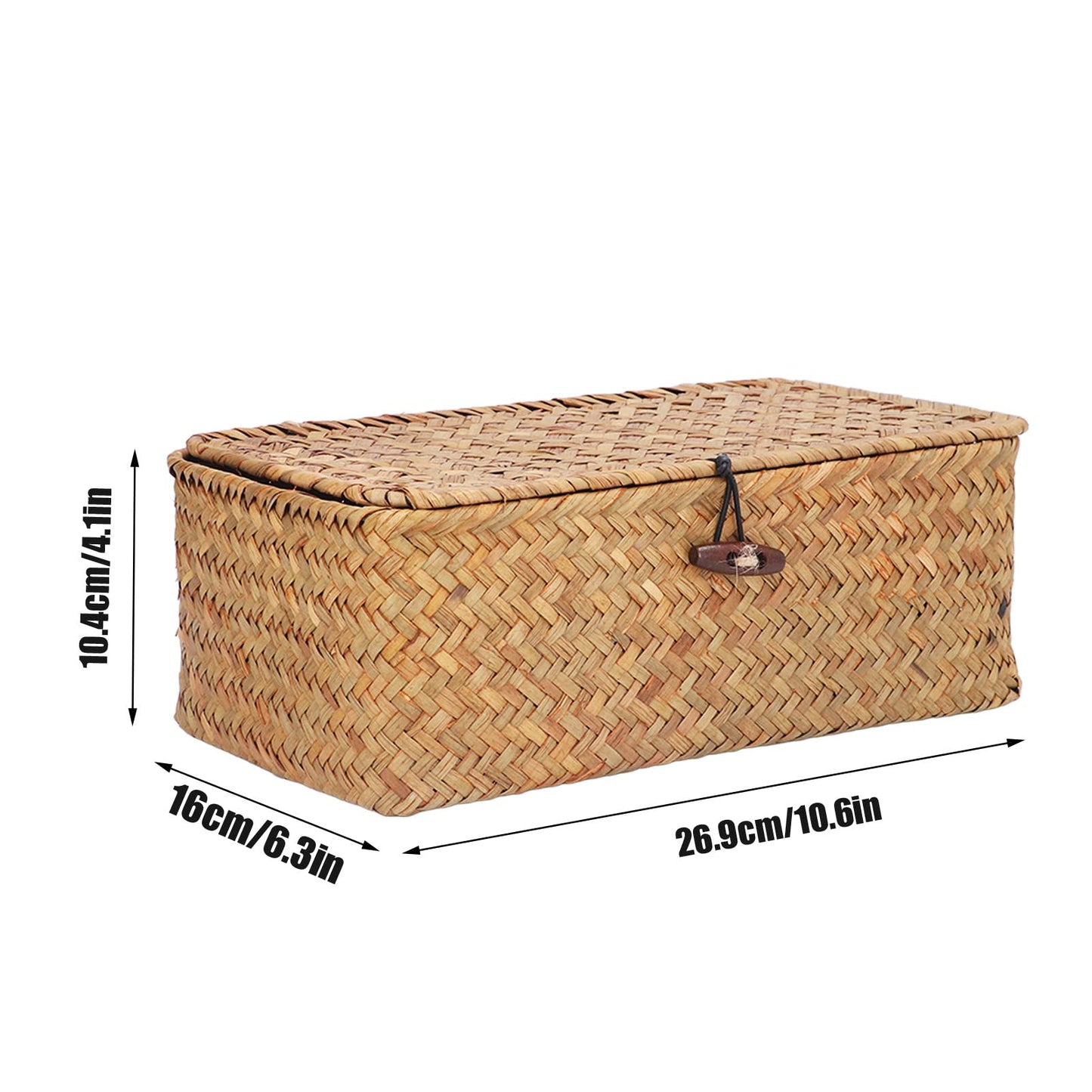 Wicker Storage Bins with Lid, Multipurpose Dustproof Seagrass Basket Rectangular Household Organizer Box Shelf Wardrobe Organizer (M)