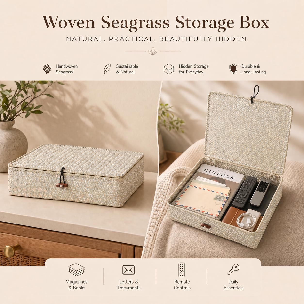YANGQIHOME - Set of 2 Seagrass Baskets with Lids, Rectangular Woven Storage Baskets, Natural Wicker Boxes for Coffee Table, Shelf