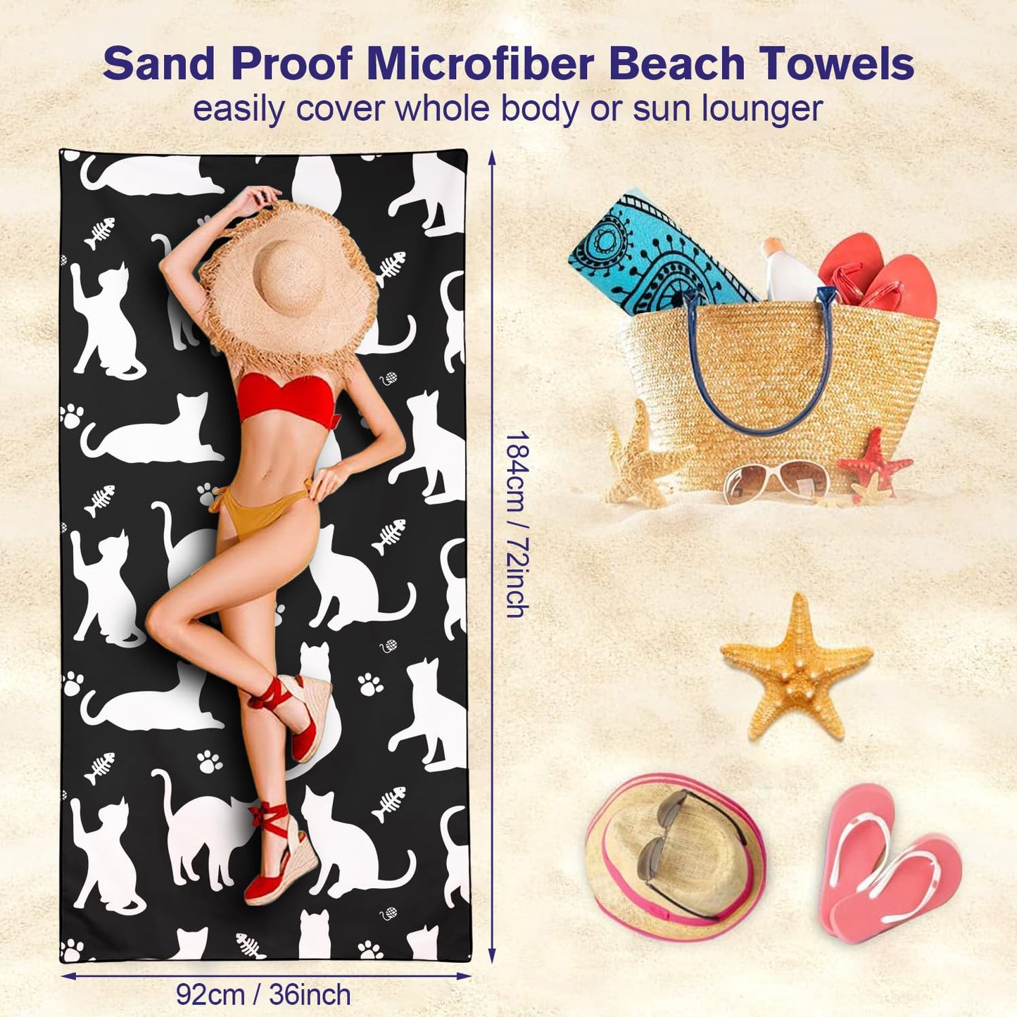 Violetpos Black White Cat Silhouette Beach Towel, Extra Large 180x90 cm 250GSM Microfibre, Sand Free Quick Dry