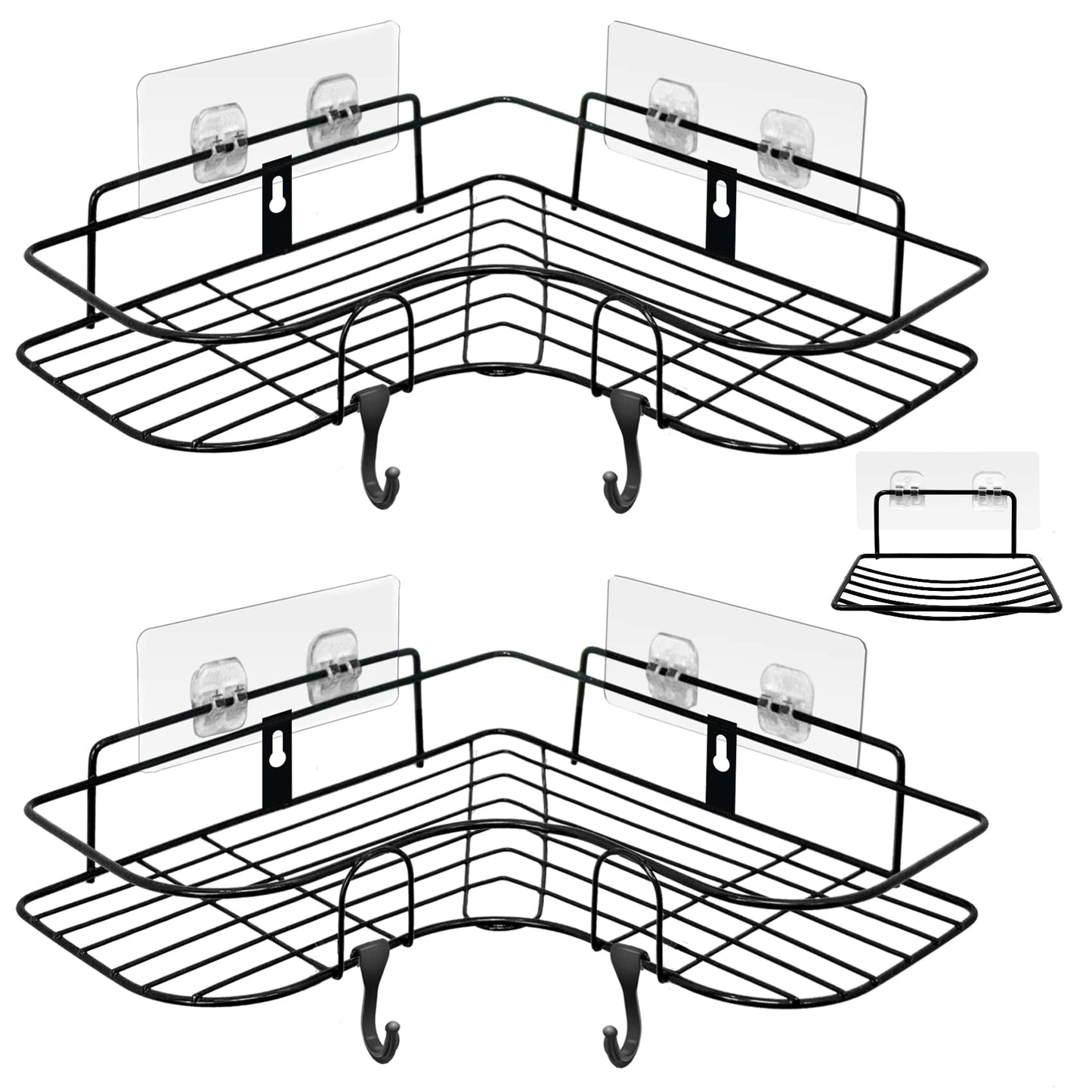 ADORAMOUR Corner Shower Caddy Set -2 Pack Bathroom Organiser with Soap Dish, Adhesive Storage Rack for Toiletries, Shower Shelf Drill-Free or Drilling