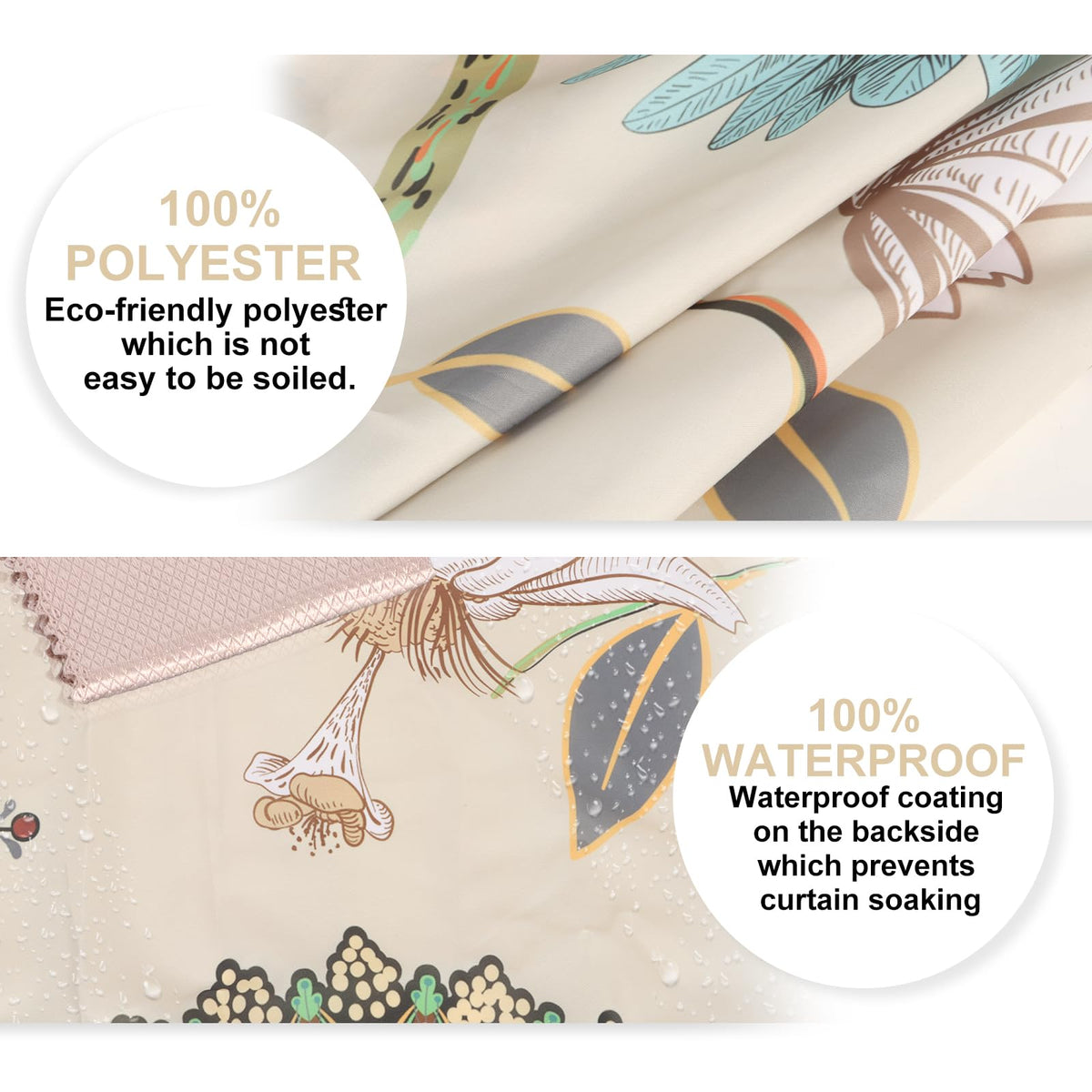 Minicoco Integrated Room Shower Curtain 100% Polyester Waterproof Mould Proof Floral Shower Curtain with 12 Hooks, 180 x 180 cm White Flower Bird