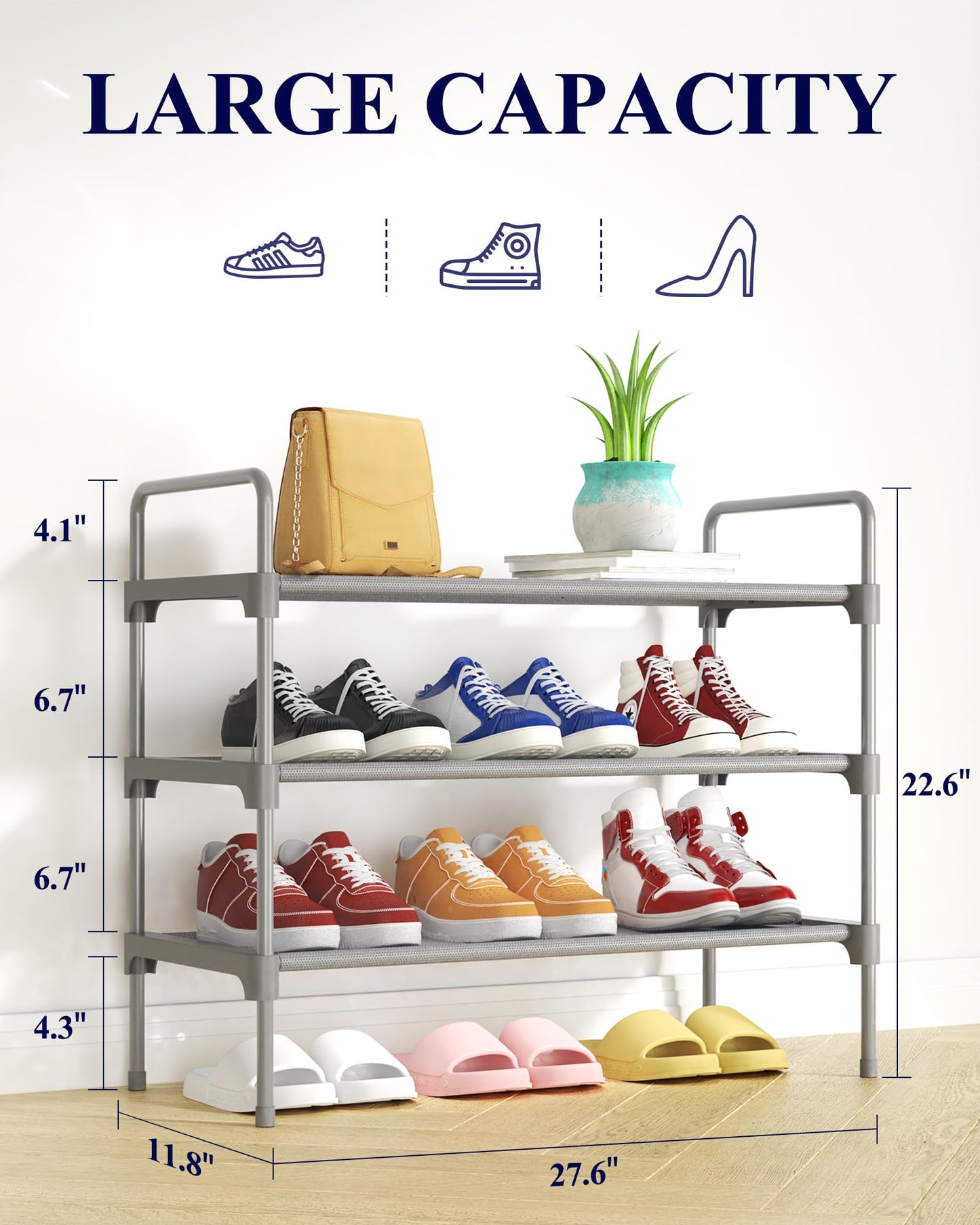 Kitsure Space-Saving Shoe Rack for Closet, 70.0 cm Wide - 3 Tiers, Grey