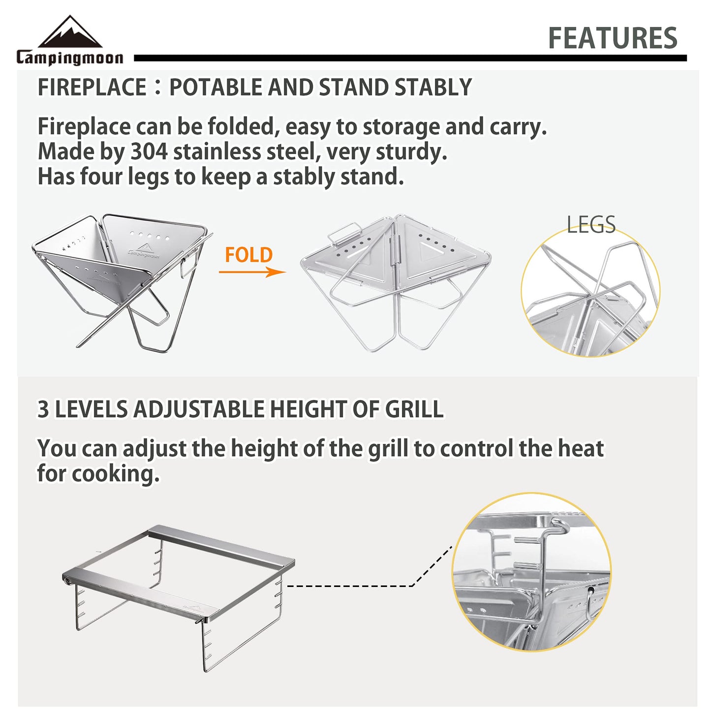 CAMPINGMOON 3-in-1 Portable Stainless Steel Wood Burning Grill and Fire Pit 14x15.35-inch with Carrying Bag MT-035