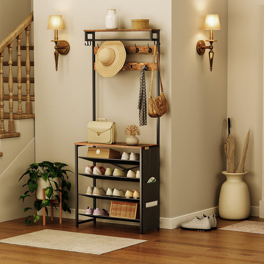 HOOBRO Coat Stand, Coat Rack with Shoe Storage, Hall Tree with Tiltable Mesh Shelves, 4 Removable Hooks, Side Storage Pocket, Shoe and Coat Rack for