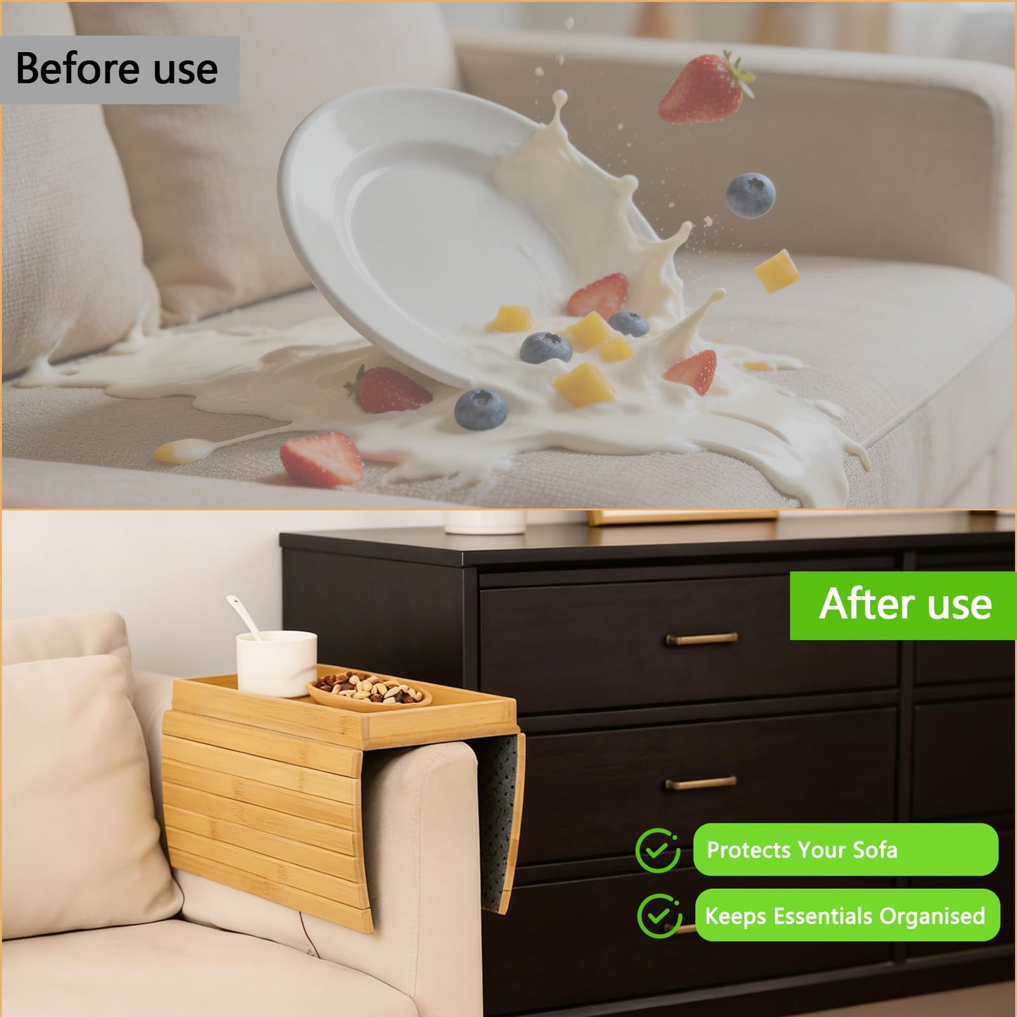 Solid Wood Armrest Tray, Space-Saving Table for Snacks & Drinks, Non-Slip Grooves, Includes 1 Wooden Coaster, Sofa Armrest Organizer