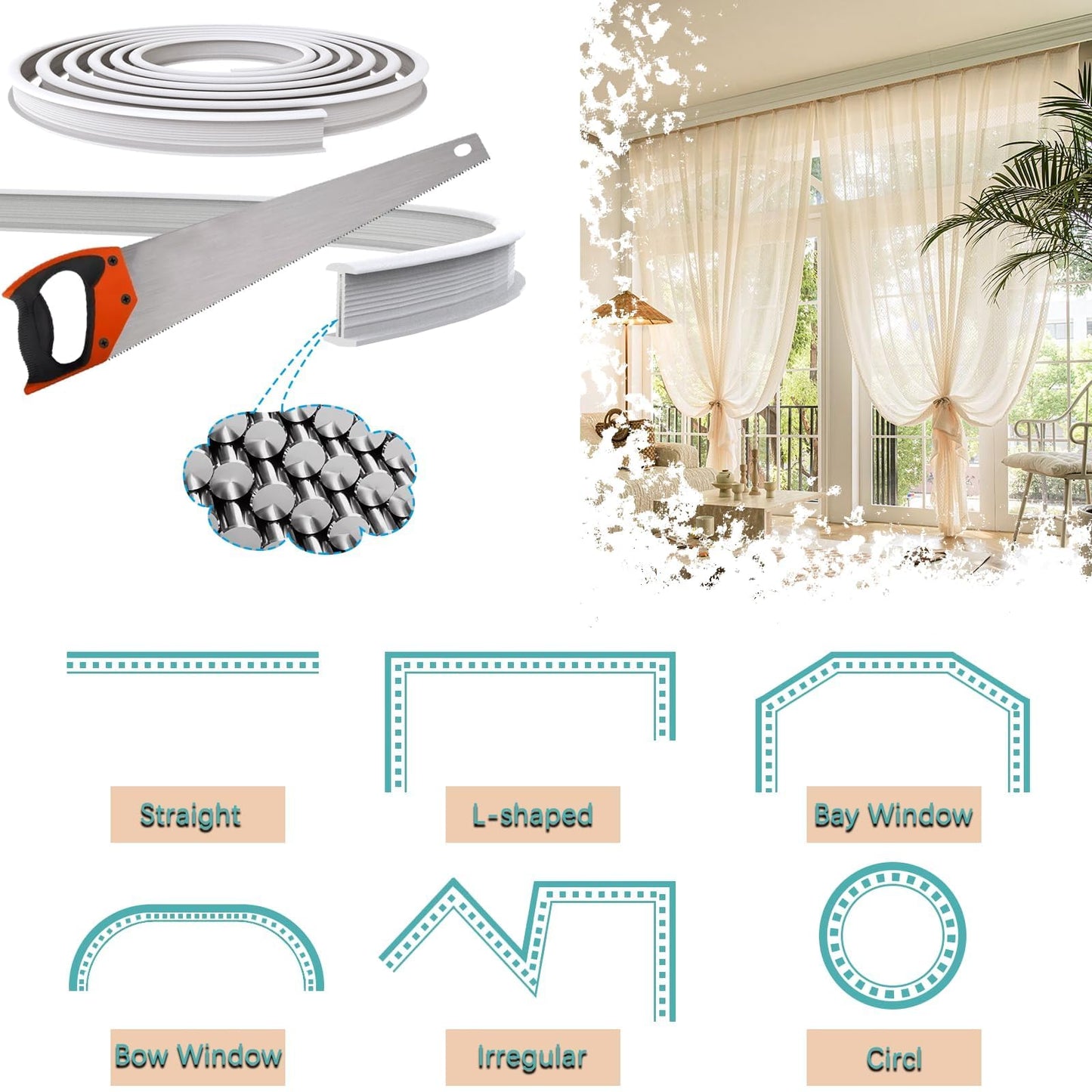 SWTYExt Ceiling Curtain Track 3m/9.8Ft Bay Window Curtain Track Flexible Rail Bendable Ceiling Rail Bay Window Rail for Shower Corner Caravan