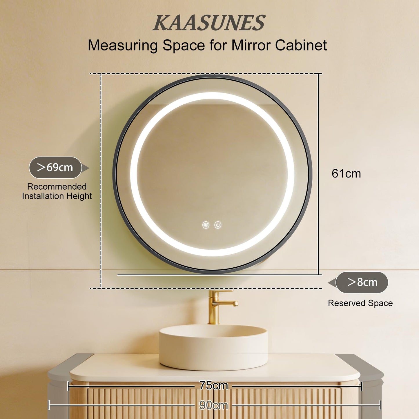 KAASUNES Round Mirror Cabinet with Light,Aluminum Framed,3 Colors Temperature&Dimmer,USB Shaver Socket,Defogger,61cm,black