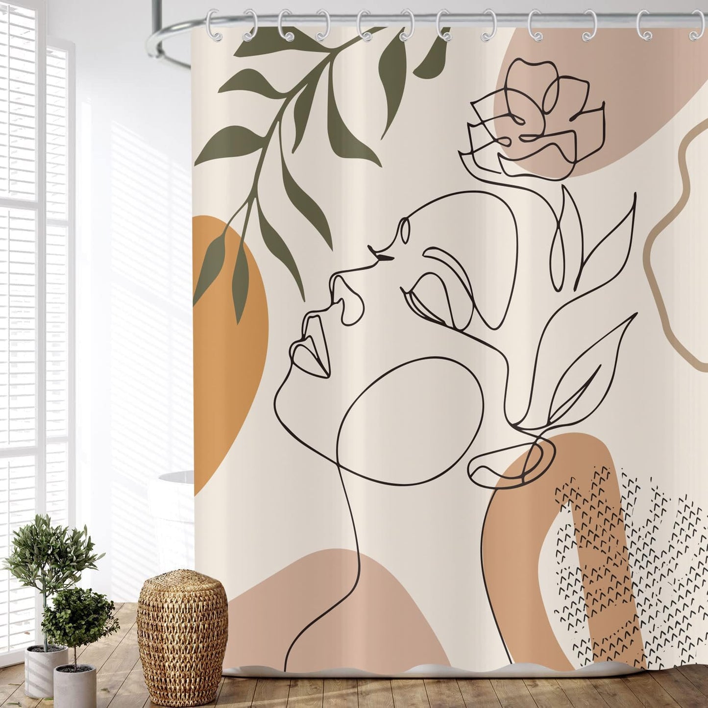 ASDCXZ Boho Shower Curtain Beige 180x180 cm, Modern Abstract Art Girl with Face Flower Green Leaves Washable Shower Curtain Polyester Textile