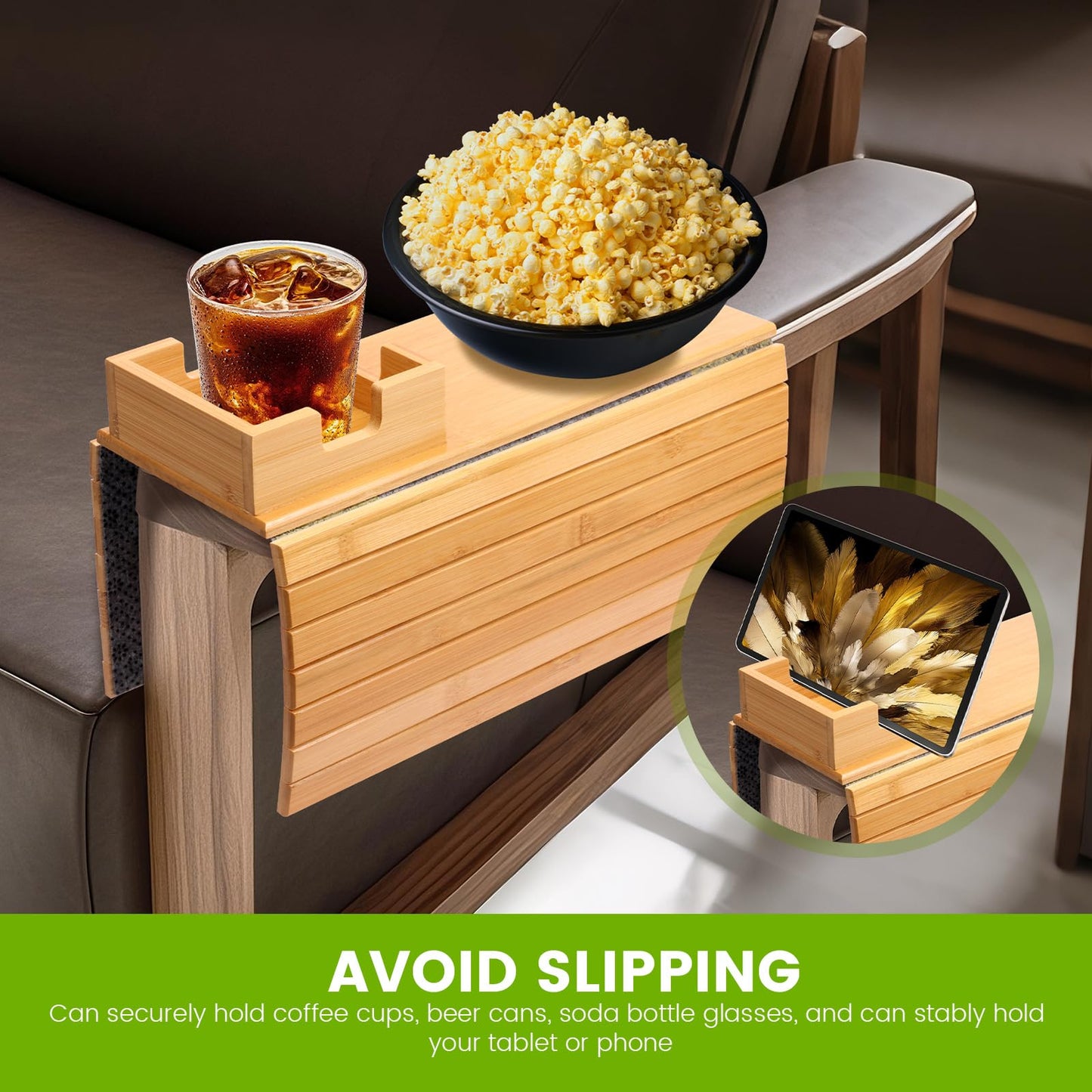 Wooden Sofa Arm Tray Anti Slip Couch Cup Holder Tray Table Portable Sofa Snack Holder Armrest Organizer for Snacks Phone TV Remote Cups