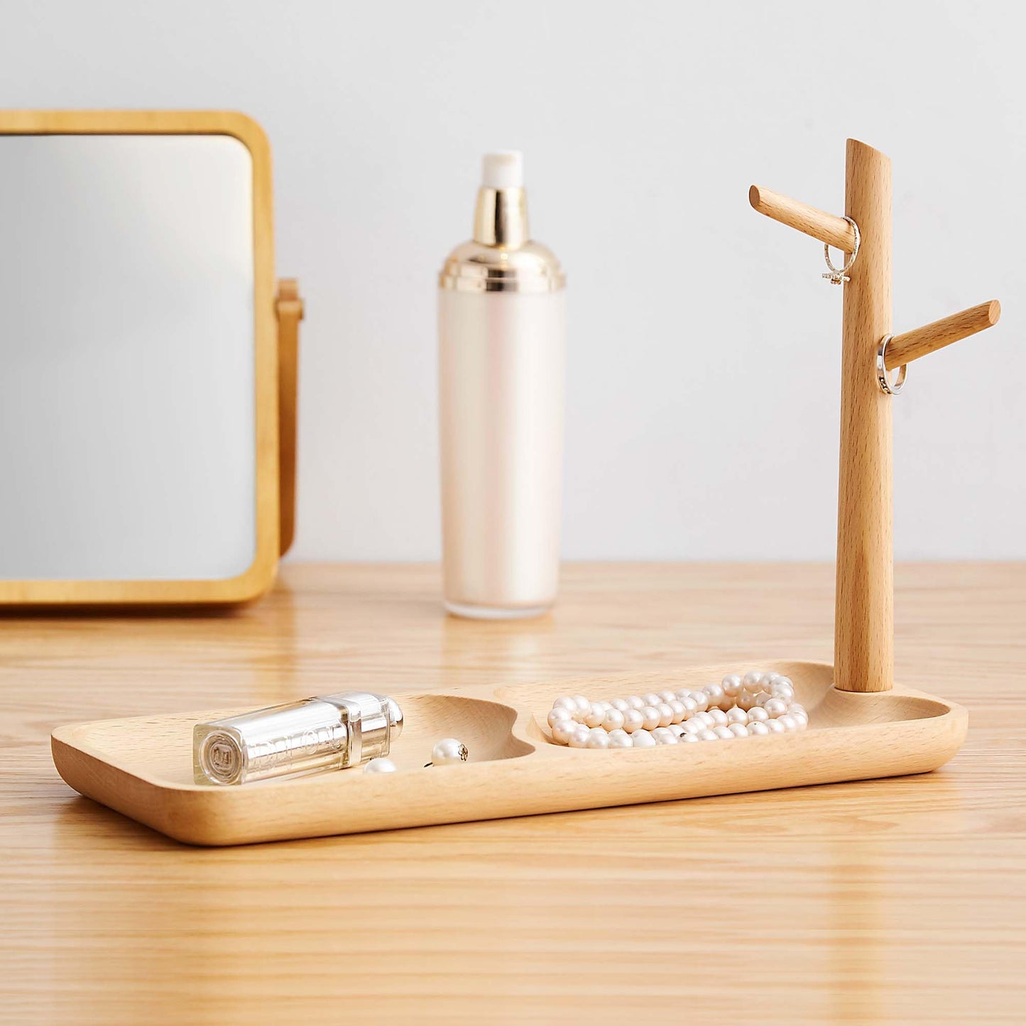 YESWOOD Solid Beech Catch-All Tray, Wooden Desk Organiser with Branch Holder for Jewellery & Accessories, Modern Entryway Tray