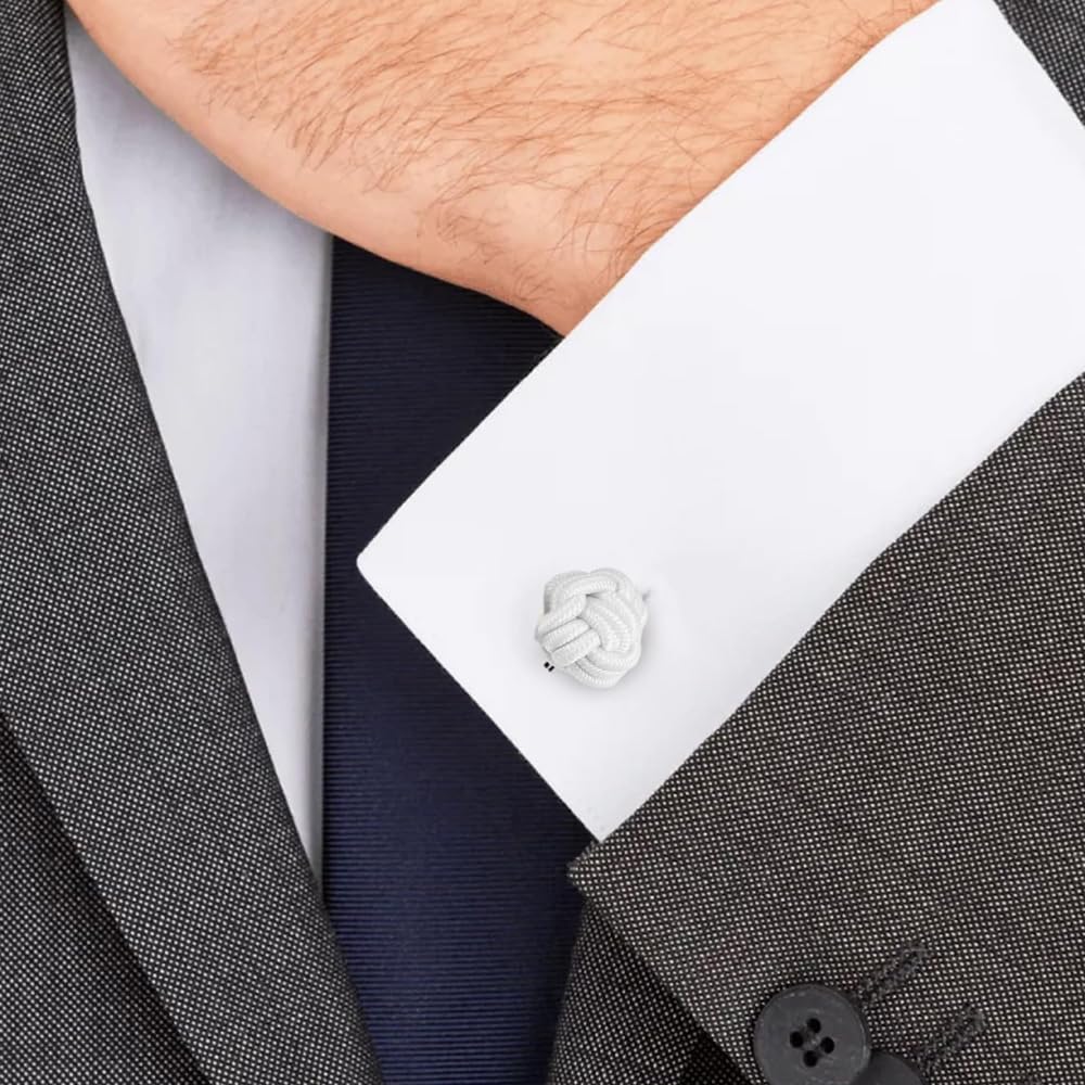 VOANZO Cufflinks for Men,5 Pairs Mens/Women Silk Fabric Knot Twisted Cufflinks Set,Round for Shirt/Dress Business Wedding Gift (White)