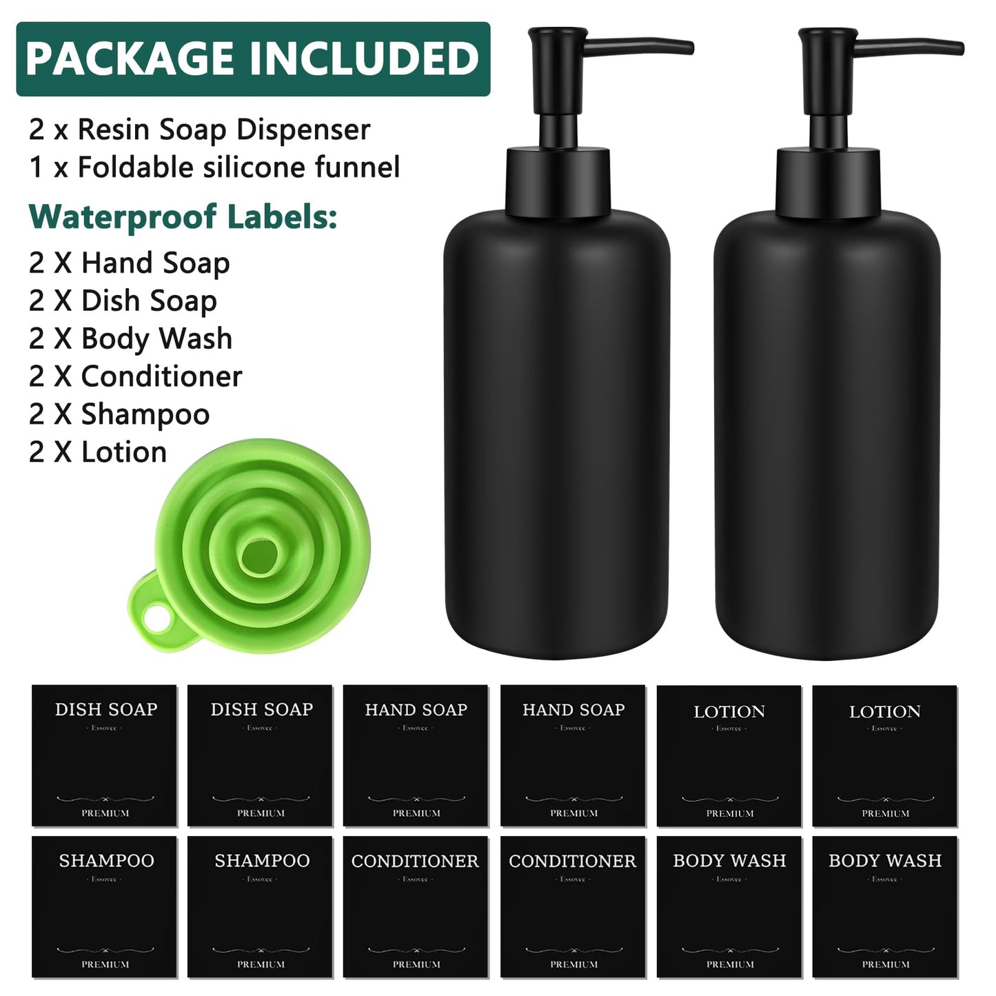 Essovee Matte Black Soap Dispenser Set with Waterproof Labels, Bathroom Soap Dispenser, Dishwashing Liquid Dispenser