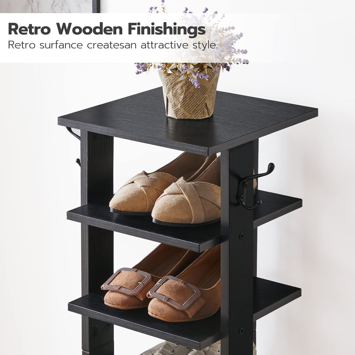 HOOBRO Tall Shoe Rack Wooden, Narrow Shoe Storage Organizer with 2 Hooks, Slim Shoe Shelf, Vertical Shoe Tower for Entrance, Living Room, Hallway