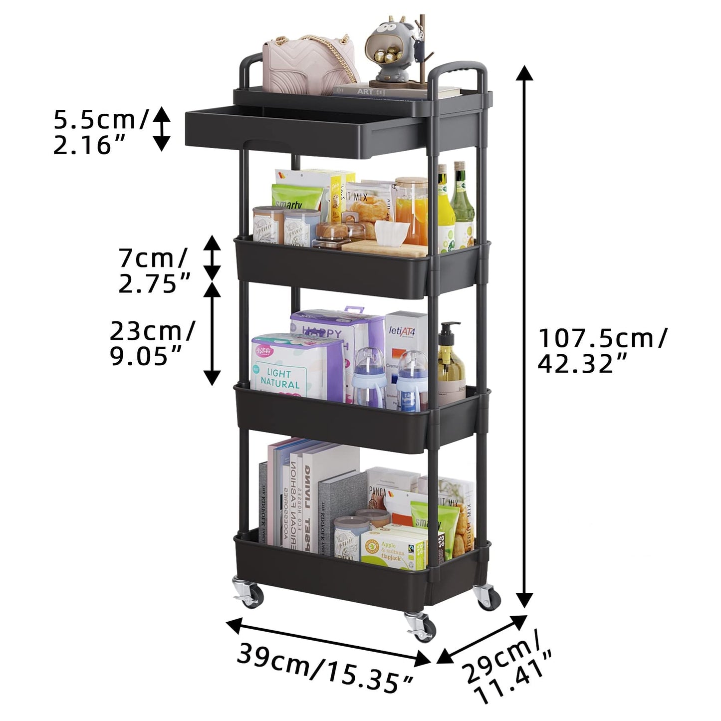 Wuciray Beauty Trolley on Wheels 4 Tier Storage Trolley with Drawer Plastic Beauty Trolleys Rolling Utility Cart Craft Trolleys on Wheels for Home