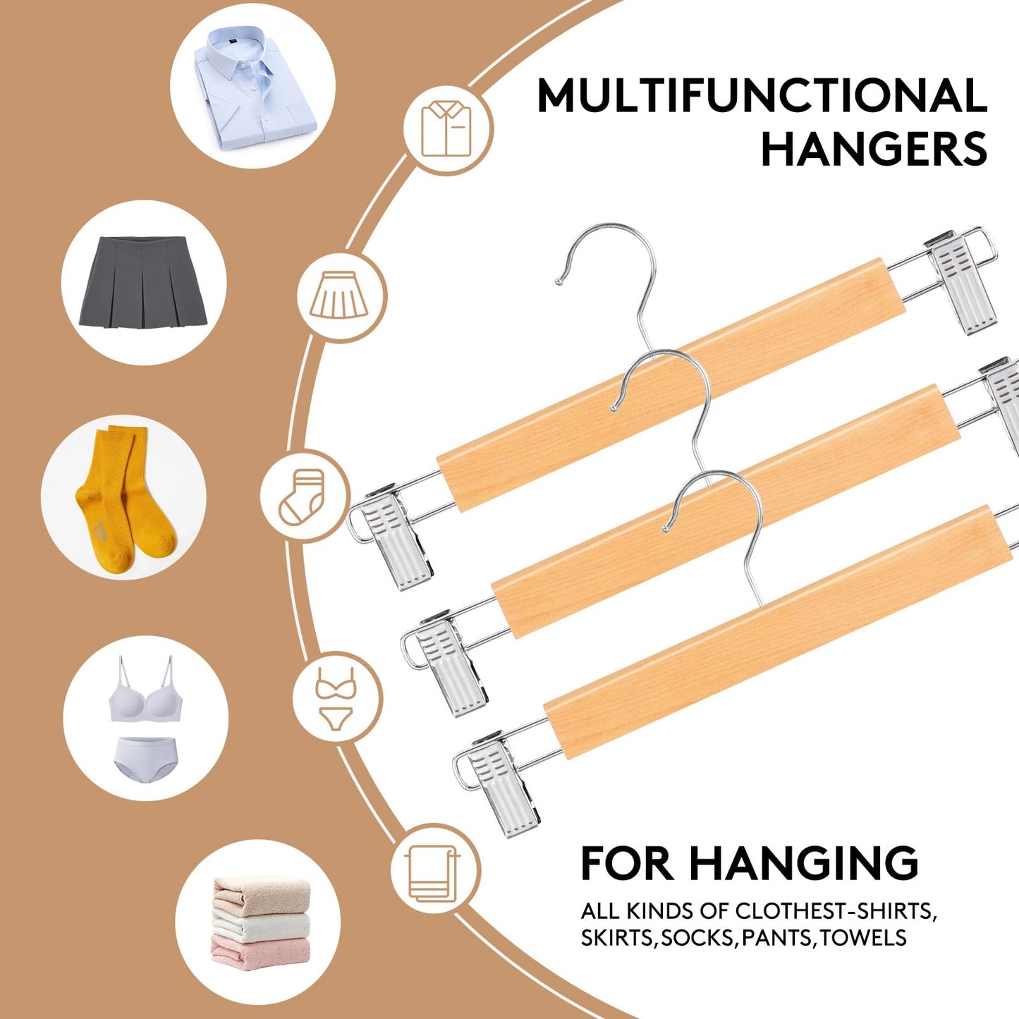 10Pack Wooden Trouser Hangers with Clips, 35cm Skirt Coat Hangers,Clothes Hangers for Shorts,Pants,Kilt,Jeans,Heavy Duty,Adjustable,Adult,360° Swivel