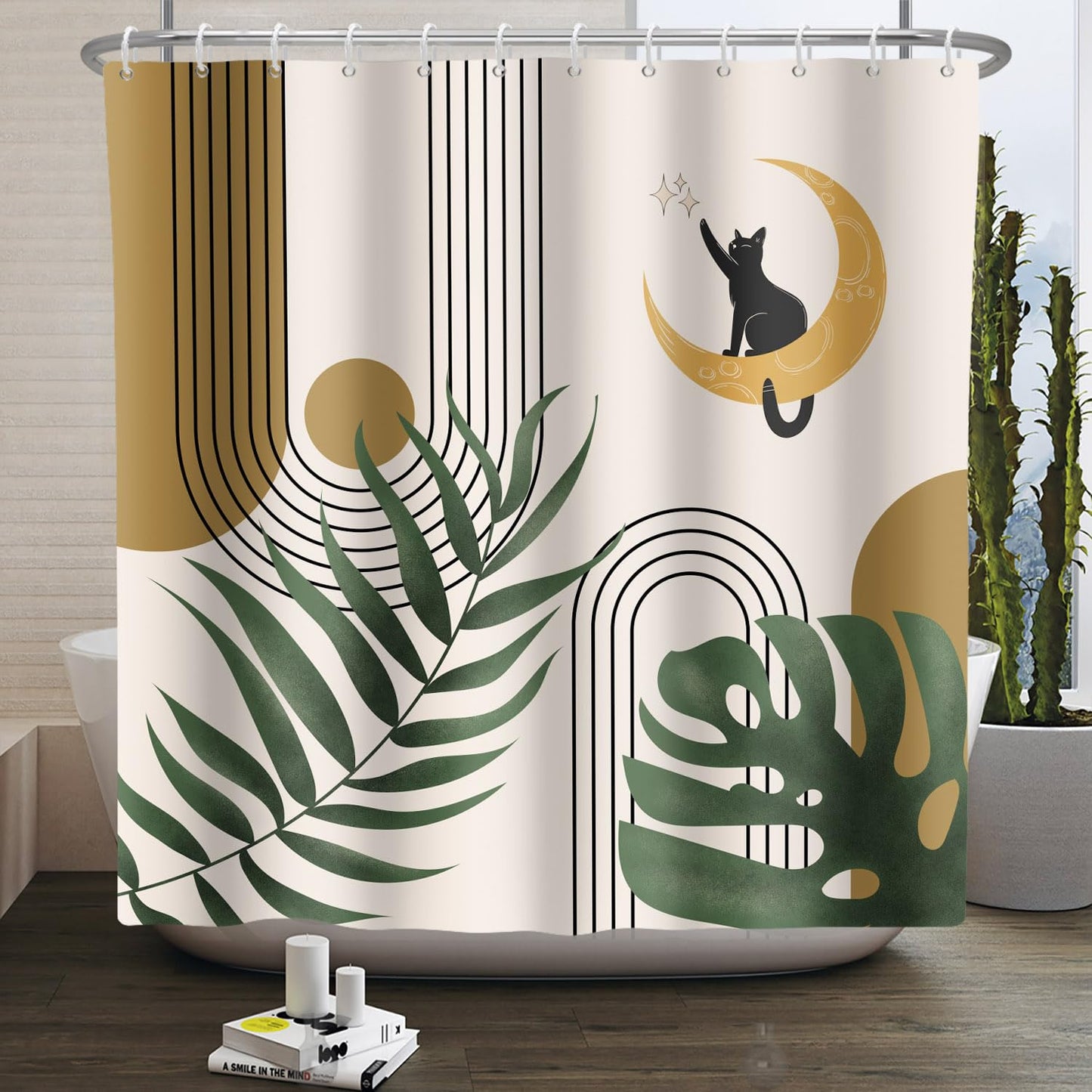 Kzzfqxb 183x183cm Boho Shower Curtains with Hooks, Mid Century Arch Beige Brown Sun Moon Cat Green Leaves Modern Art Occluded Waterproof for Bath,