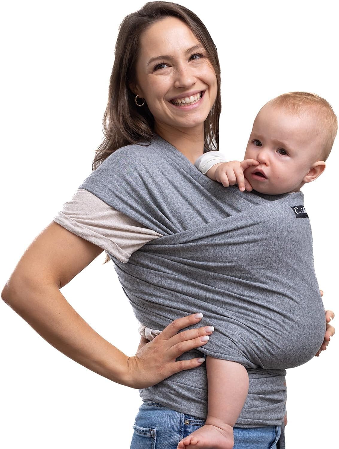CuddleBug Handsfree Soft Elastic Baby Sling for Infants and Young Children Weighing 3-15kg Universal Size Good Hip Positioning (Grey)