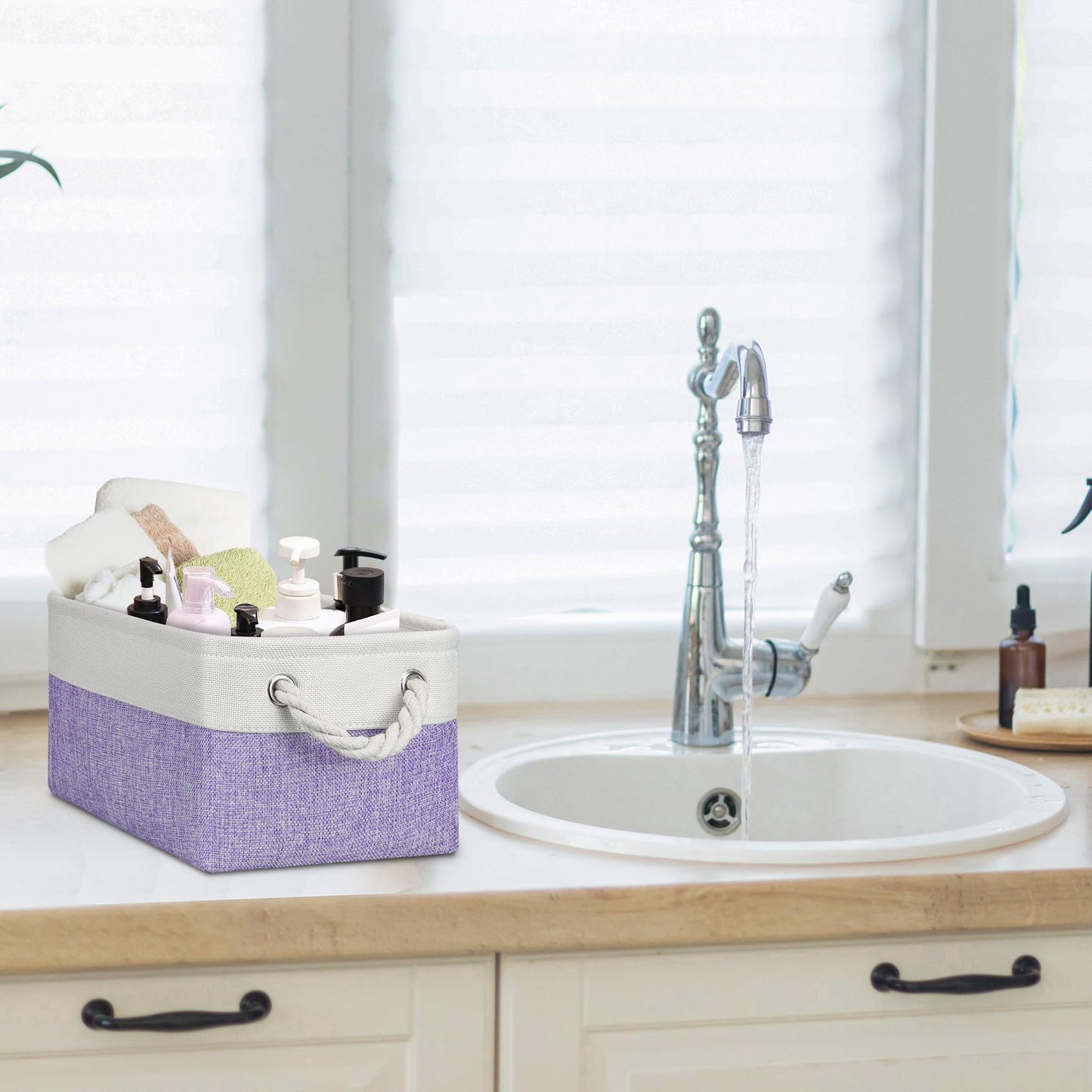 PWVMWM Small Storage Baskets with Rope Handles, Collapsible Fabric Storage Box, Small Linen Basket for Bedroom Bathroom Cupboards Shelves Wardrobe