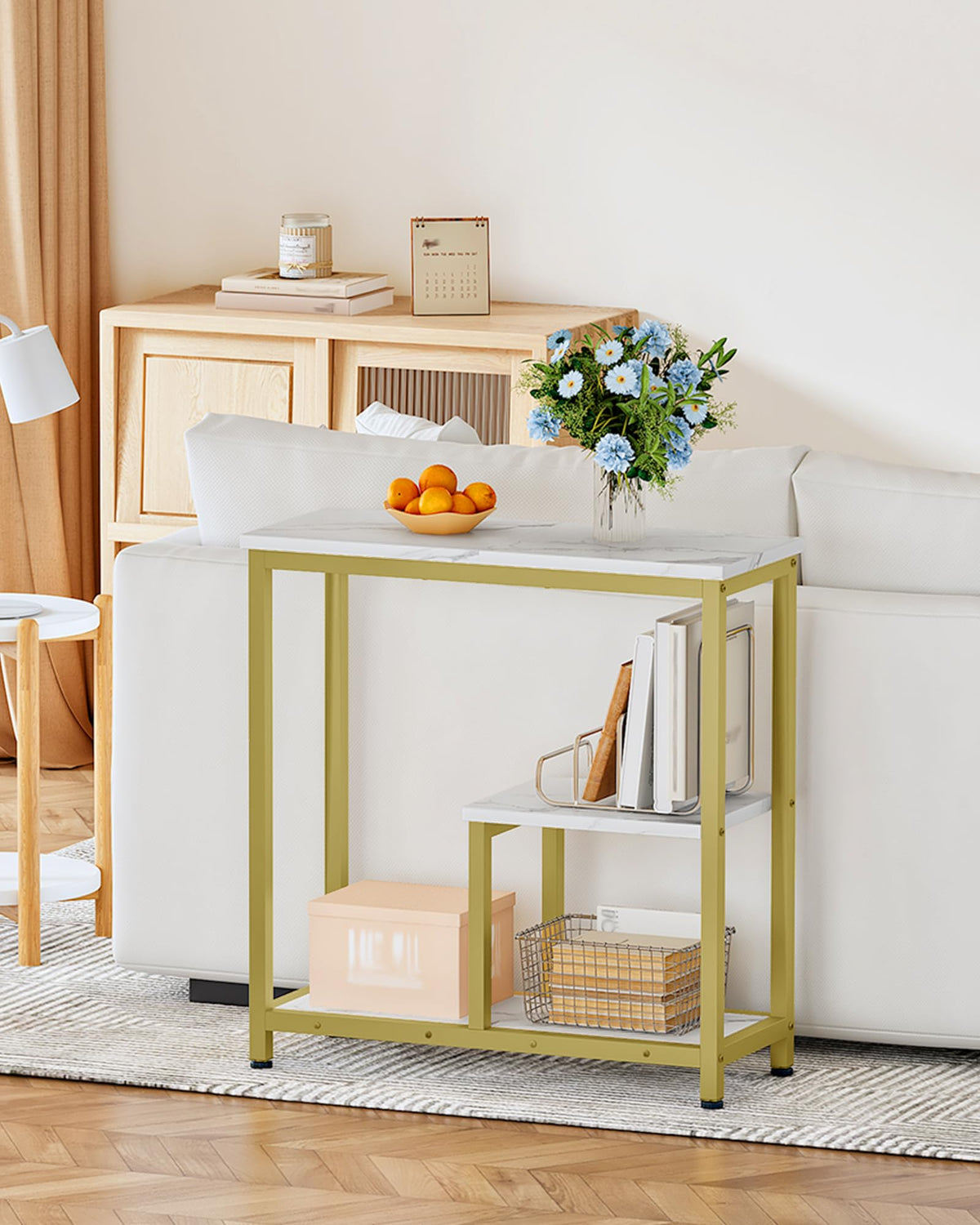 CHOEZON Modern Console Sofa Table, 3-Tier Display Table, Marble Veined Table Top, Metal Frame, for Small Spaces, Entryway, Foyer