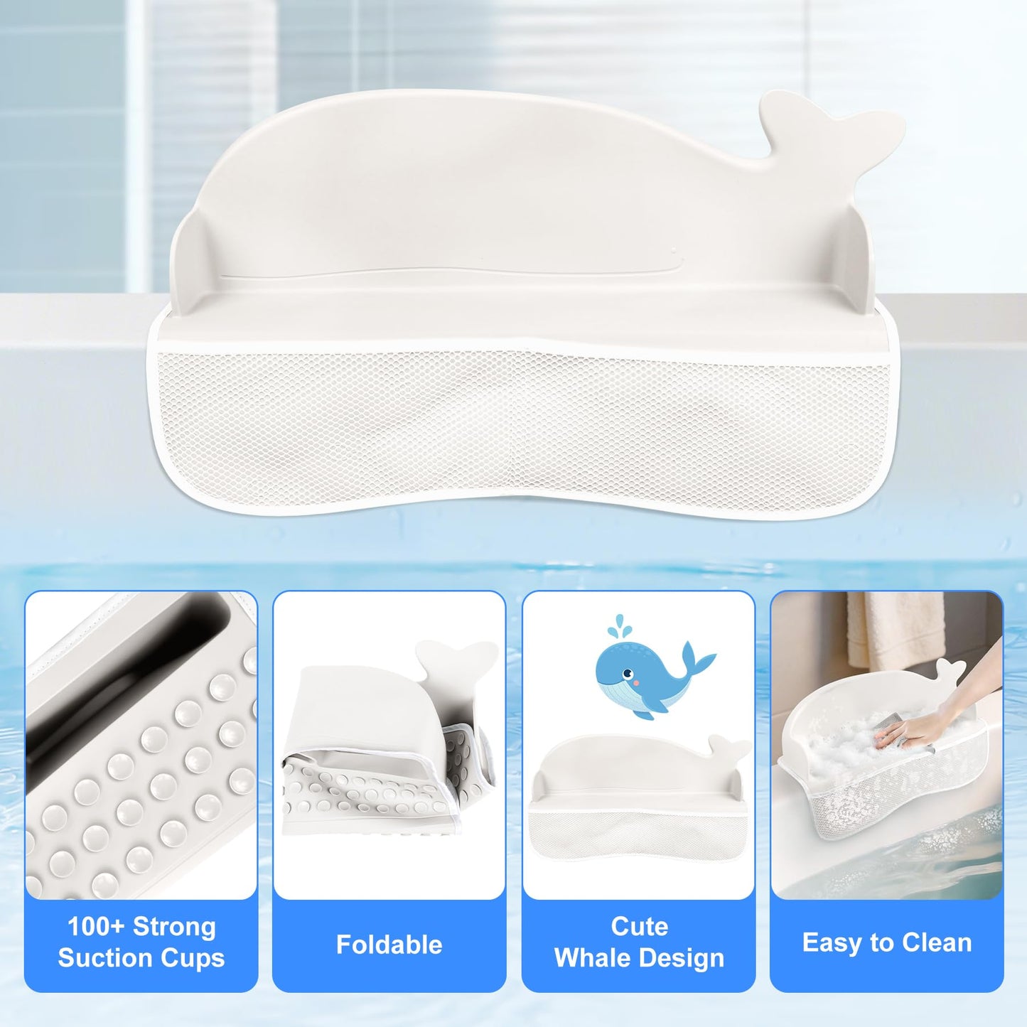 MCGMITT 2 Pack Whale Bathtub Splash Guard, Silicone Bath Splash Guards with 130 Strong Suction Cups, Bath Toy Storage Organizer with Mesh Pockets