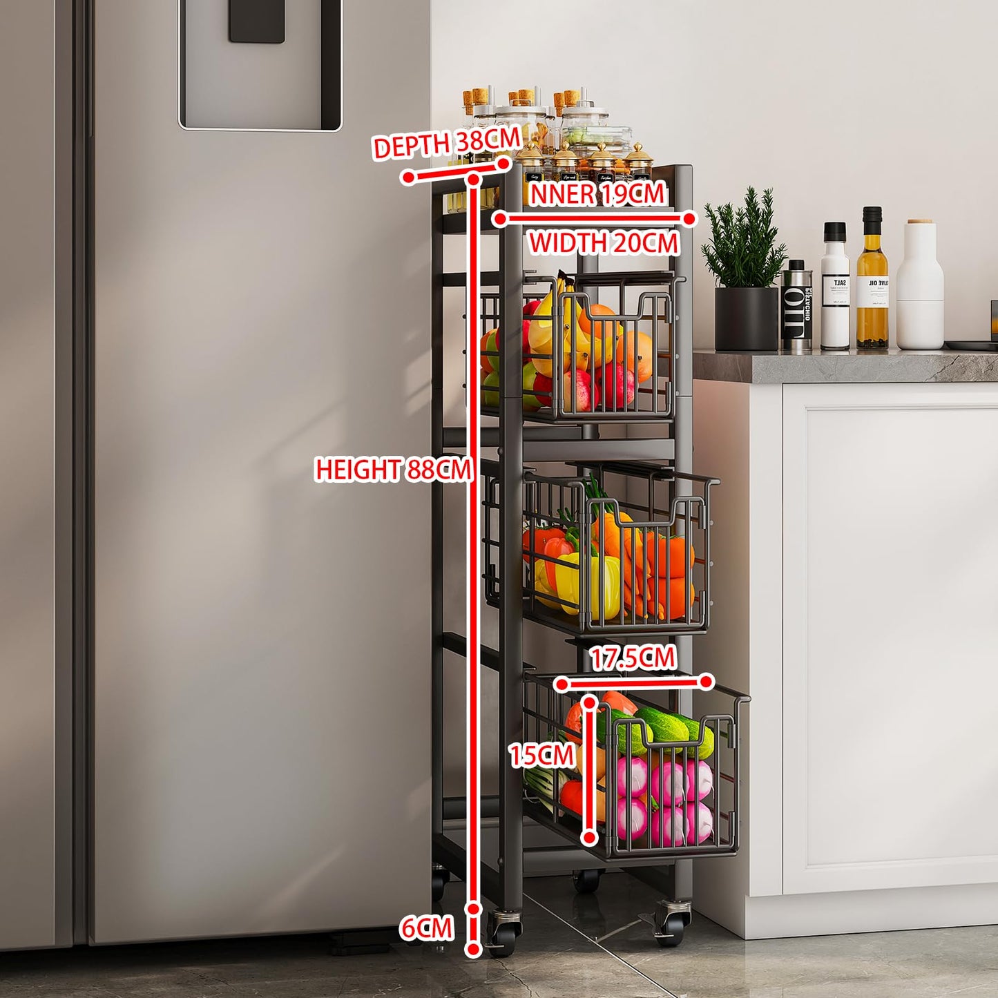 4-Tier Pull-Out Storage Organizer Rolling Utility Cart - Universal Metal Craft Shelf Trolley for Home Kitchen Bathroom Bedroom Office Classroom