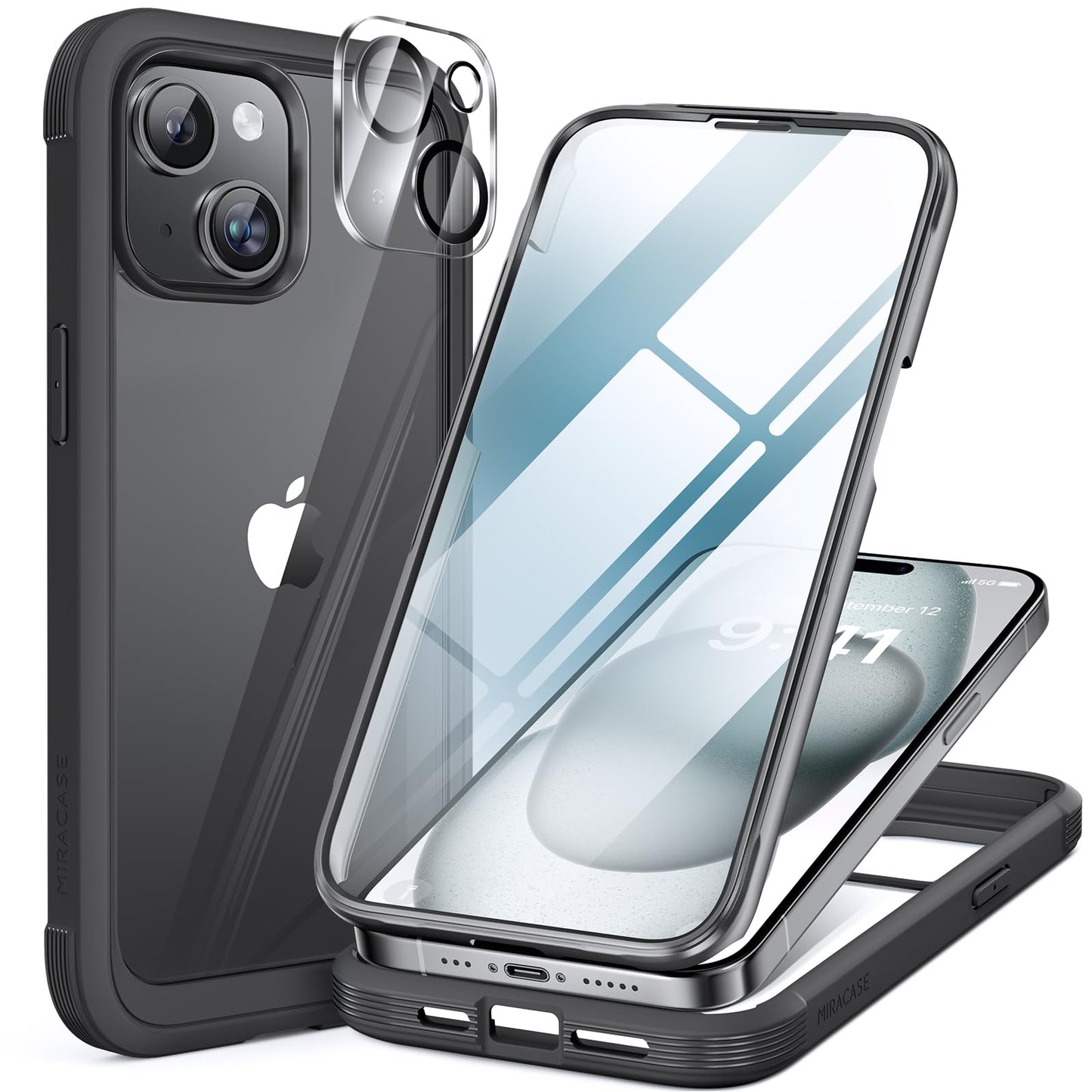 Miracase Glass Case for iPhone 15 Case 6.1-Inch, Full Body Bumper Clear Back Cover and Built-in 9H Tempered Glass Screen Protector + Camera Lens