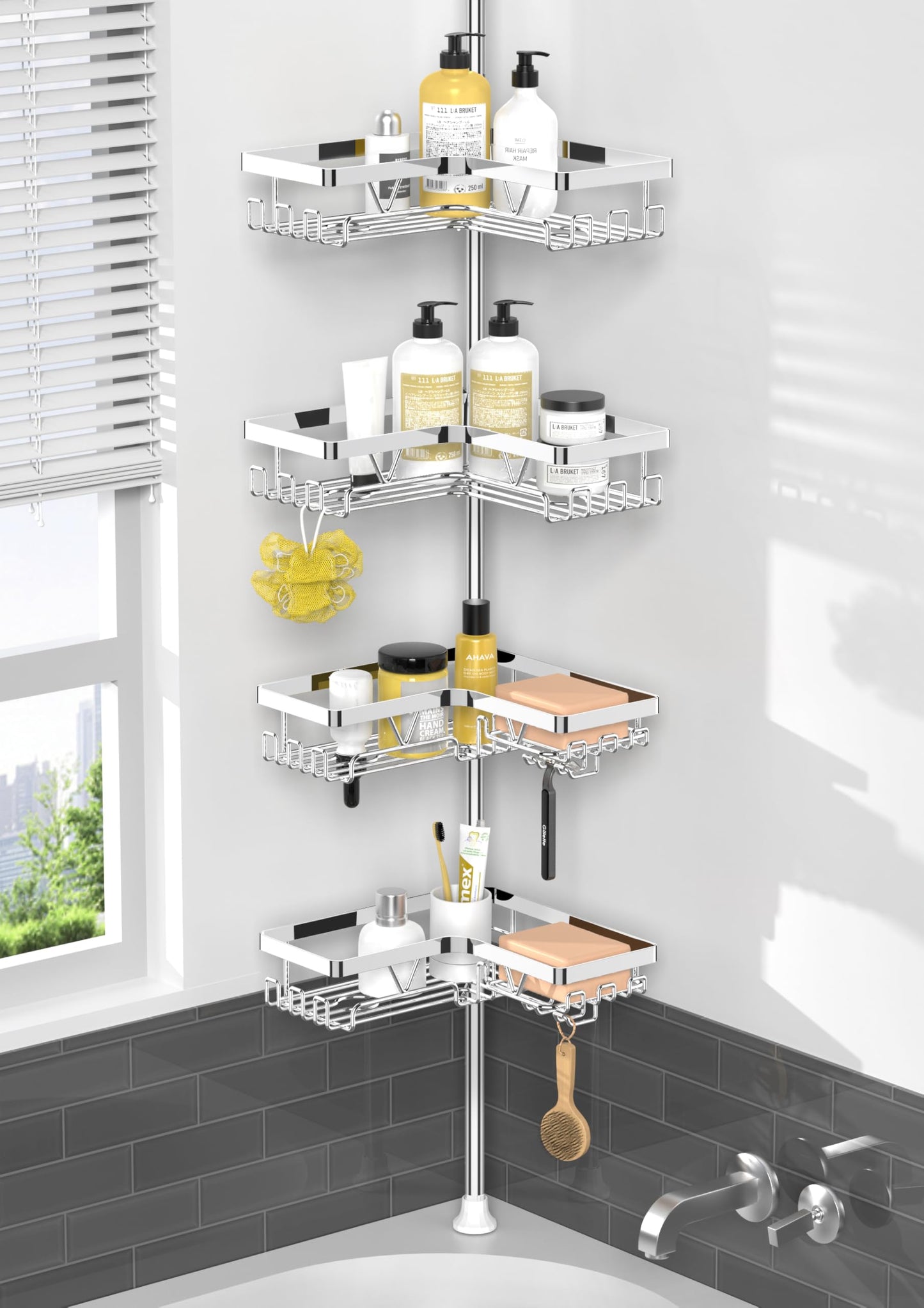 Kegii Chrome Telescopic Shower Caddy Corner - Adjustable Shower Shelf 4 Tier Extendable Bathroom Caddy Stainless Steel(Bathroom Storage, No Drilling)