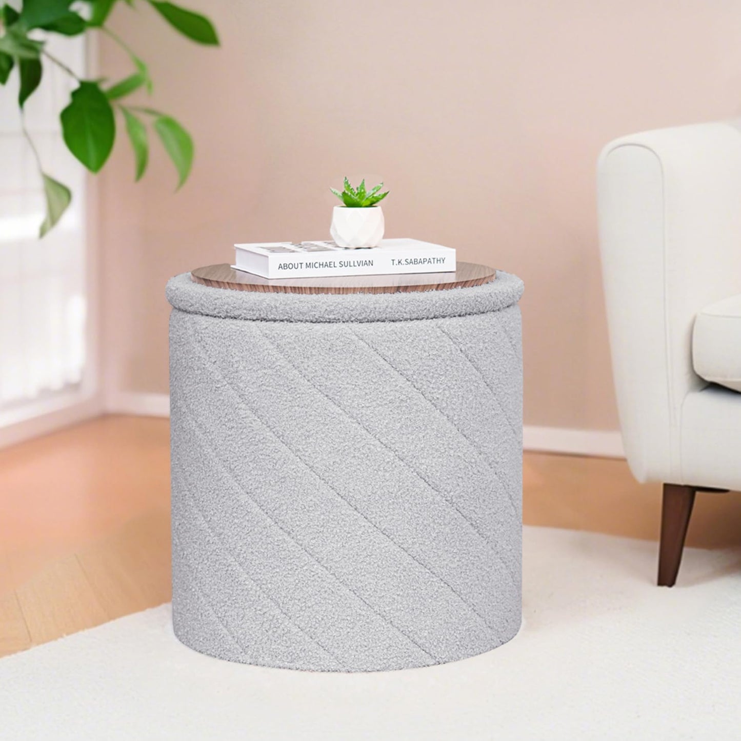 Bonlife Round Ottoman Stool with Storage, Folding Footstool with Lid,Boucle Vanity Stool for Living Room,Bedroom,Entryway,Grey,43x43x45cm