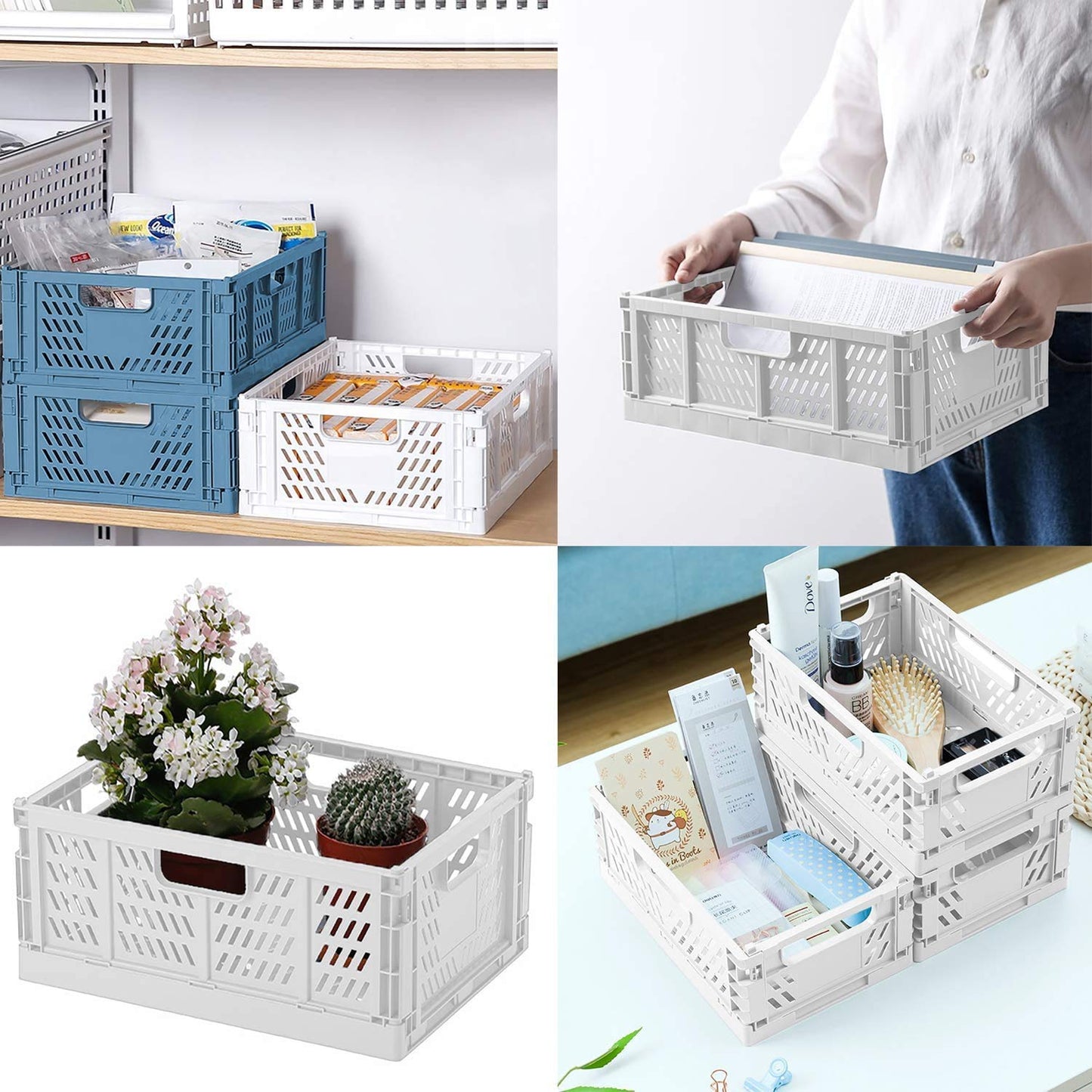 4-Pack Folding Storage Boxes Crate Collapsible Plastic Drawer Organizer , Stackable Shelf Storage Basket Food Fruit Vegetables Bottles Toy Organiser