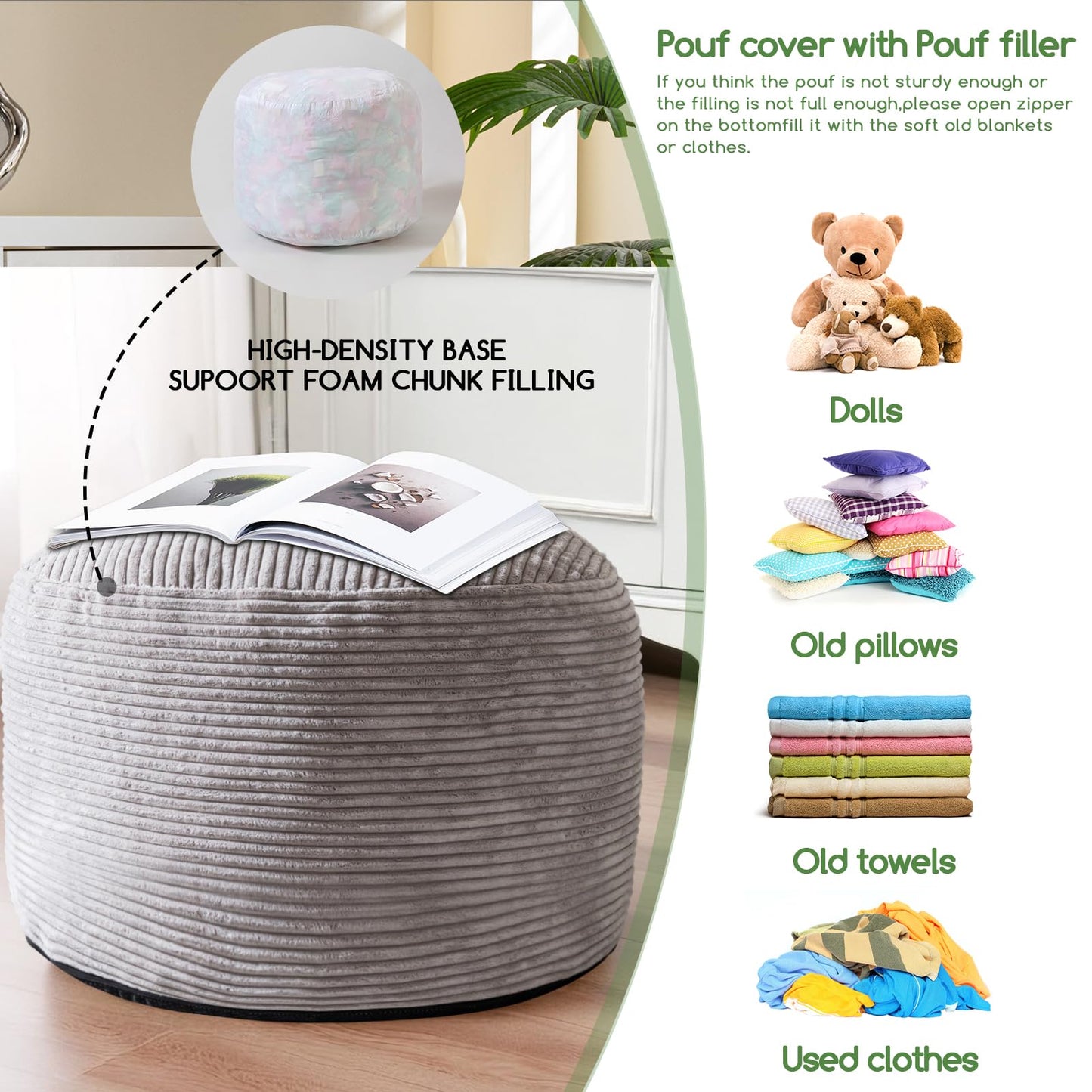 HIGOGOGO Corduroy Beanbags Round Footstool Bean Bag Pouf with Foam Chunk Filling, 65 x 45 cm Floor Poufs Foot Rest for Living Room, Grey