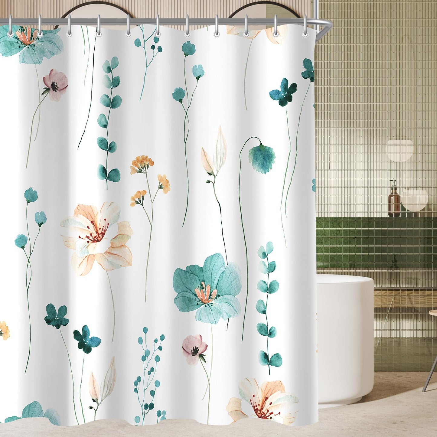 Lerores Shower Curtain, 240 x 200 cm, Teal Flower, Weighted Hem, Anti-Mould, Water-Repellent, Washable Polyester Bath Curtains with 16 Eyelets and